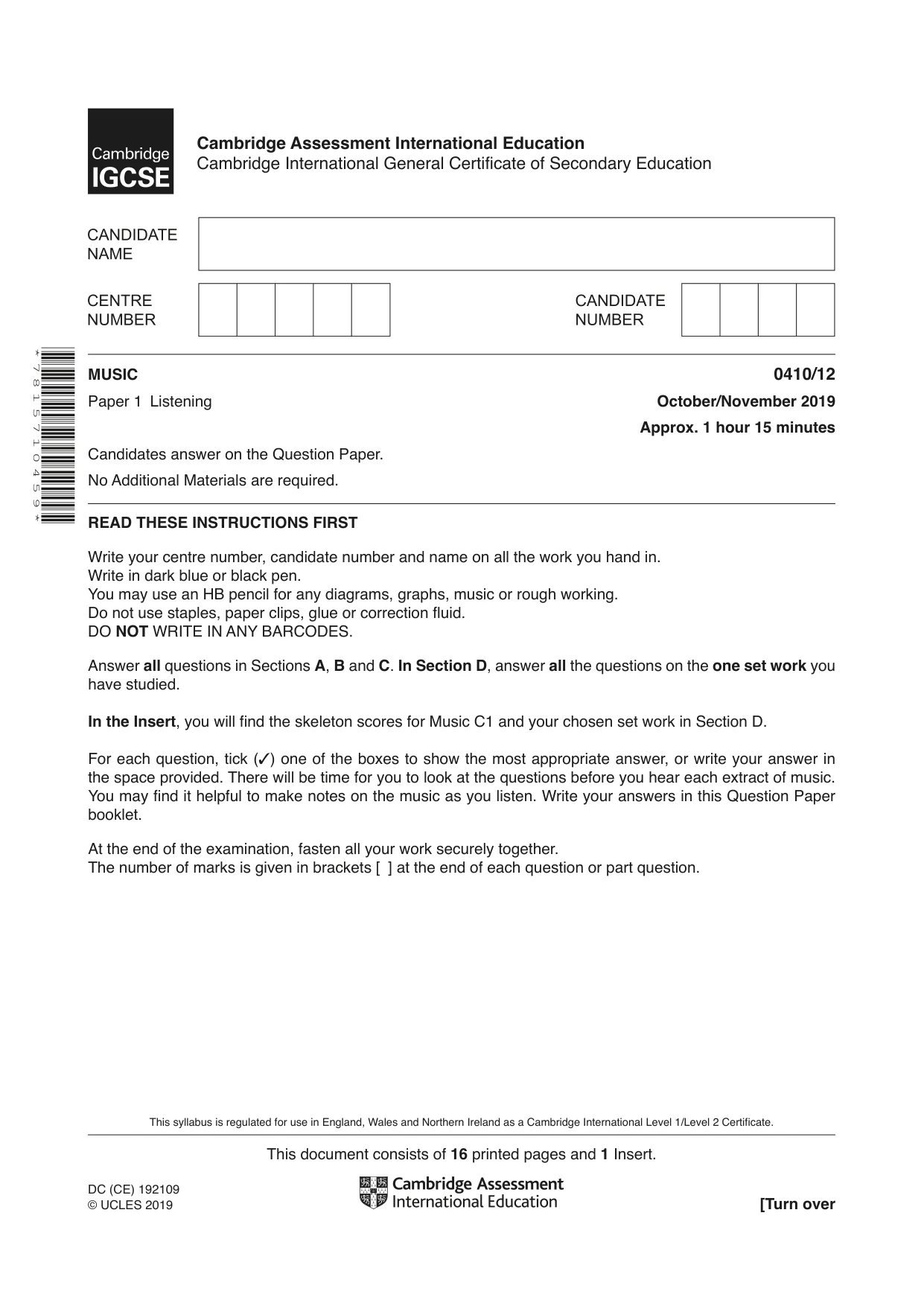 Cambridge IGCSE Music 0410 2019 Oct/Nov Paper 1 · Variant 2 question paper, page 1 of 16