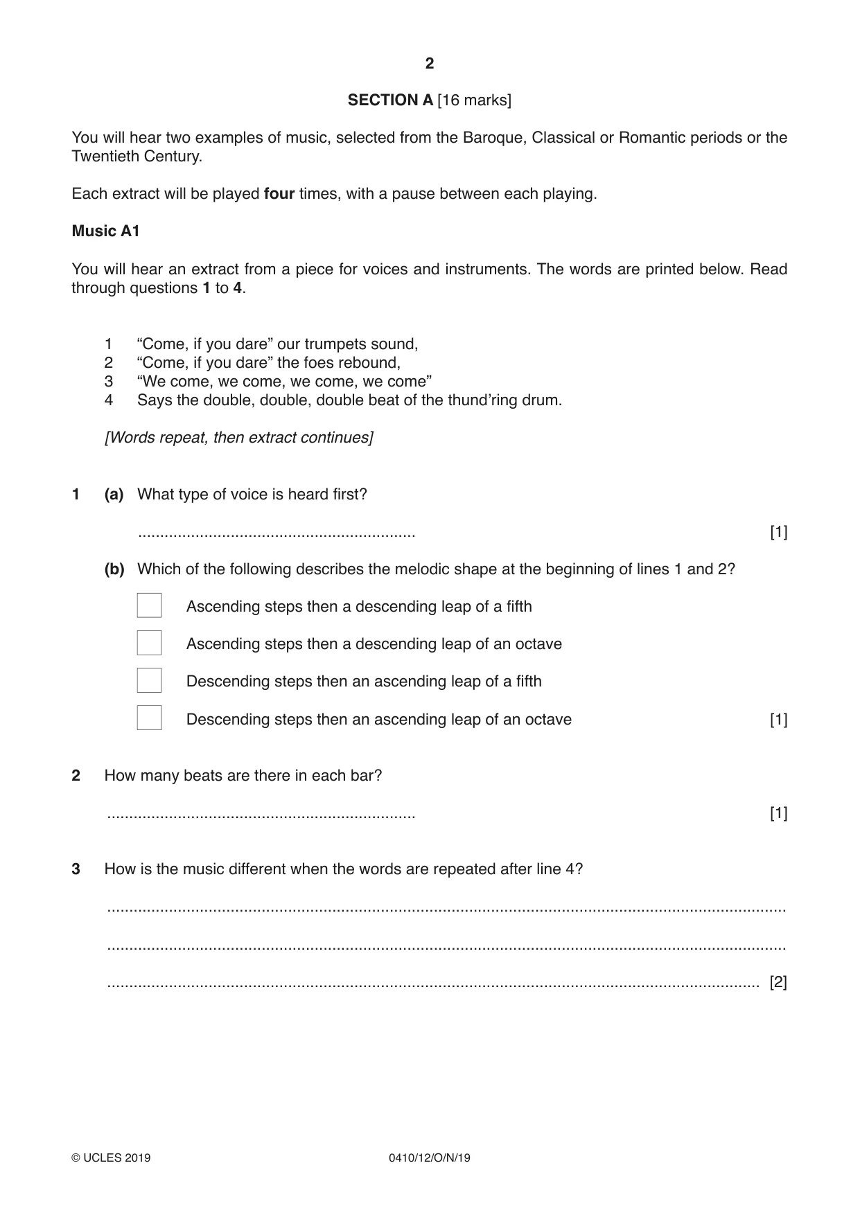 Cambridge IGCSE Music 0410 2019 Oct/Nov Paper 1 · Variant 2 question paper, page 2 of 16