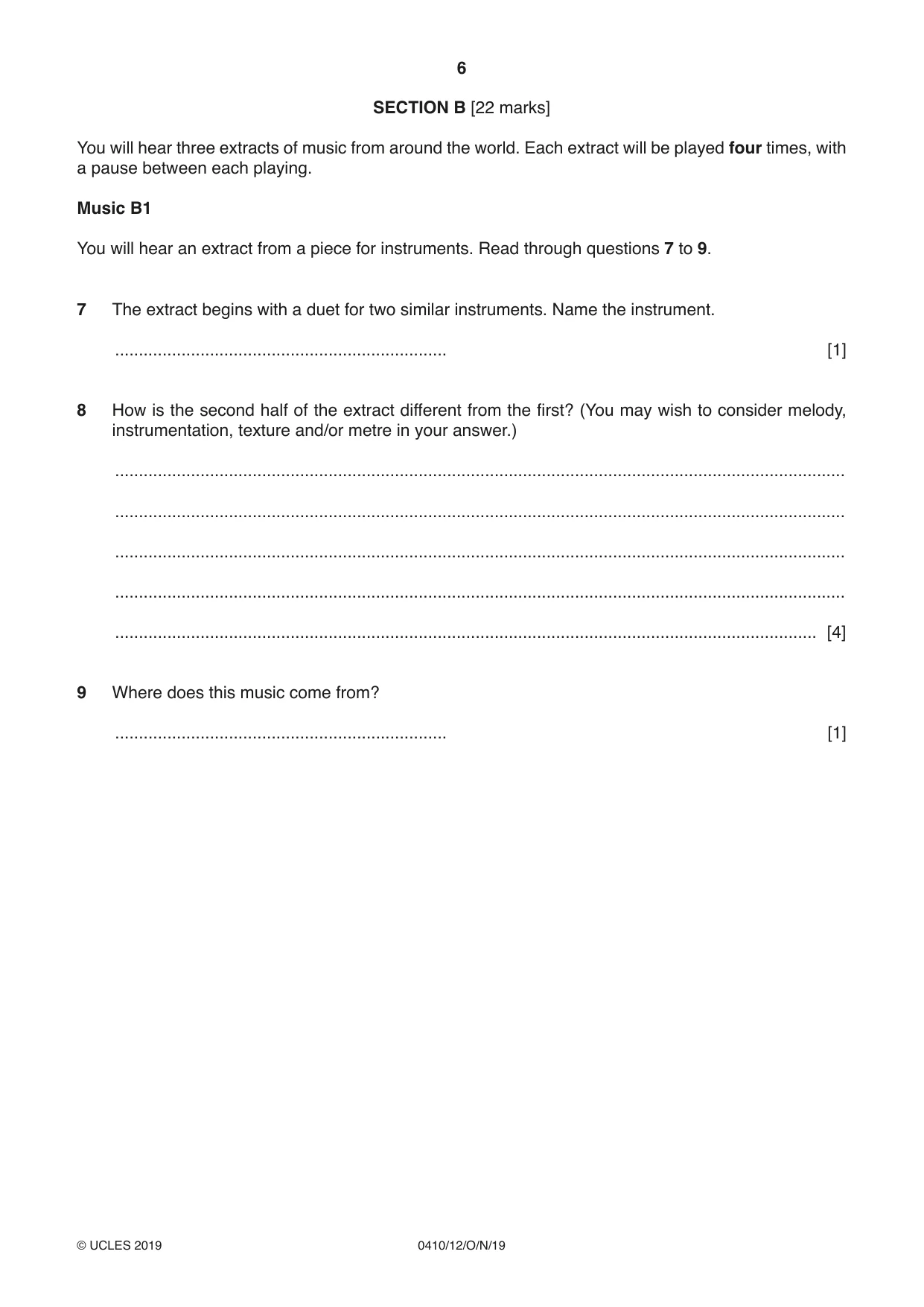 Cambridge IGCSE Music 0410 2019 Oct/Nov Paper 1 · Variant 2 question paper, page 6 of 16