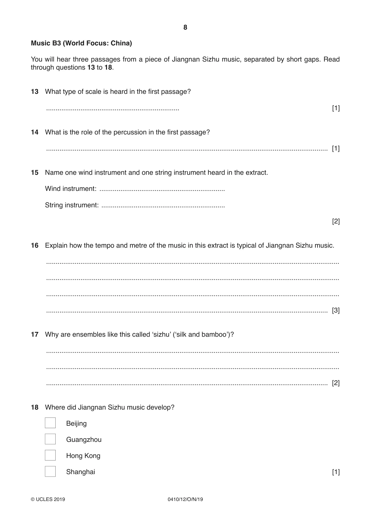 Cambridge IGCSE Music 0410 2019 Oct/Nov Paper 1 · Variant 2 question paper, page 8 of 16