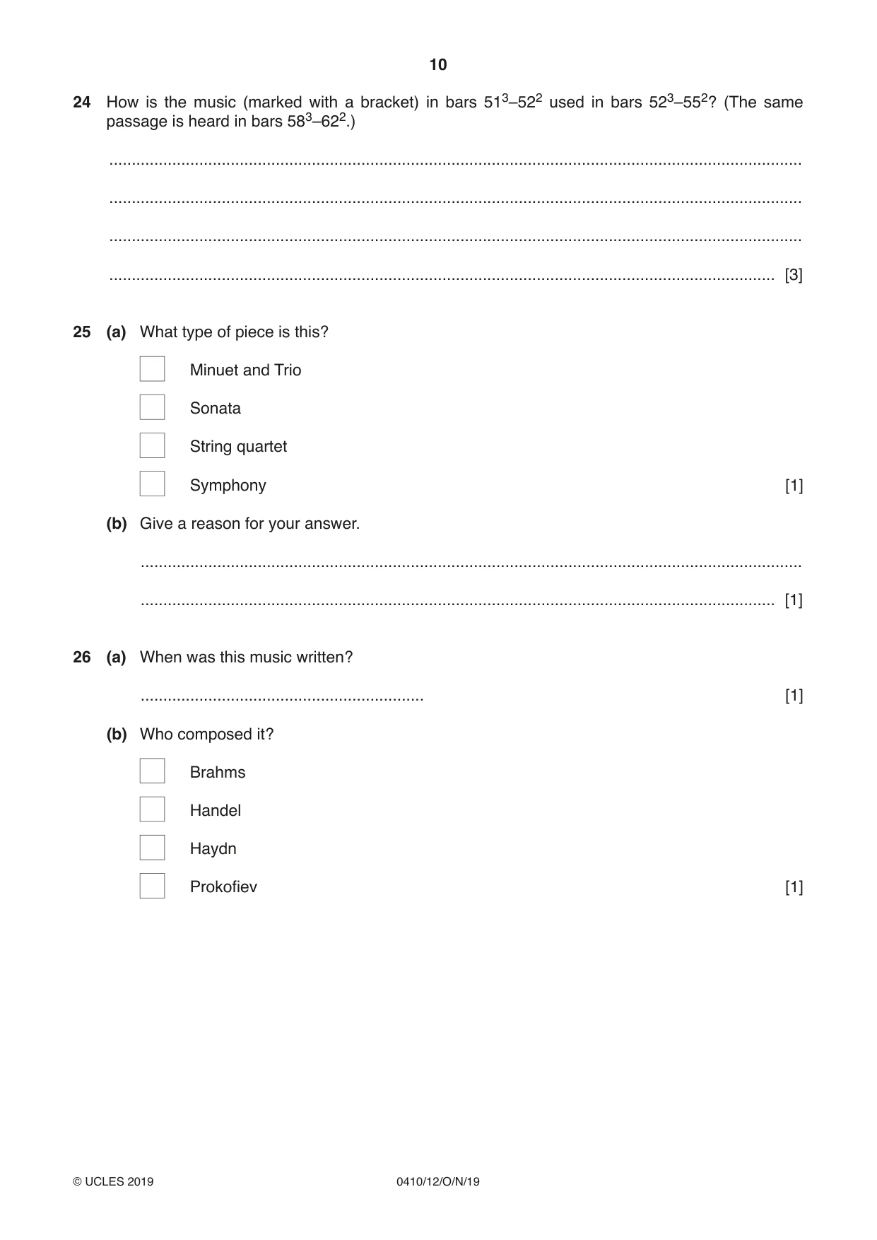 Cambridge IGCSE Music 0410 2019 Oct/Nov Paper 1 · Variant 2 question paper, page 10 of 16