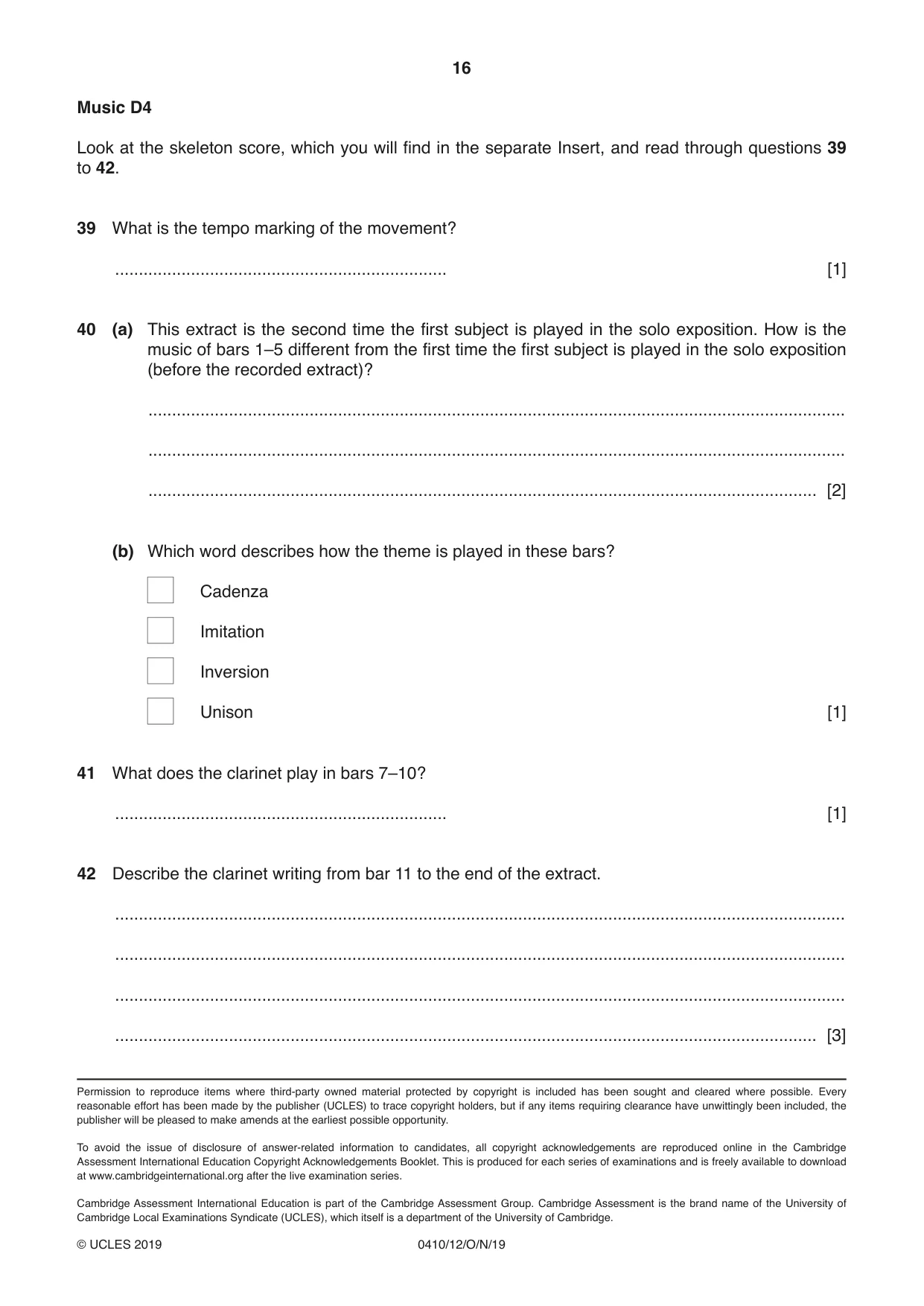 Cambridge IGCSE Music 0410 2019 Oct/Nov Paper 1 · Variant 2 question paper, page 16 of 16