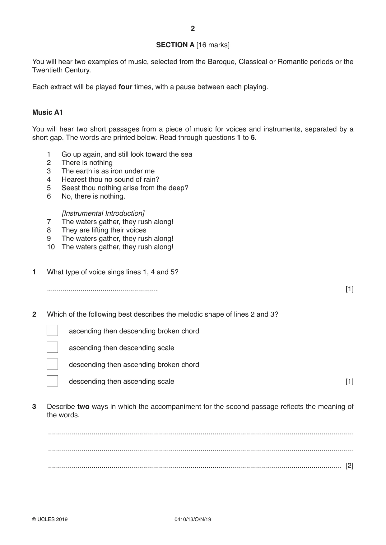 Cambridge IGCSE Music 0410 2019 Oct/Nov Paper 1 · Variant 3 question paper, page 2 of 16