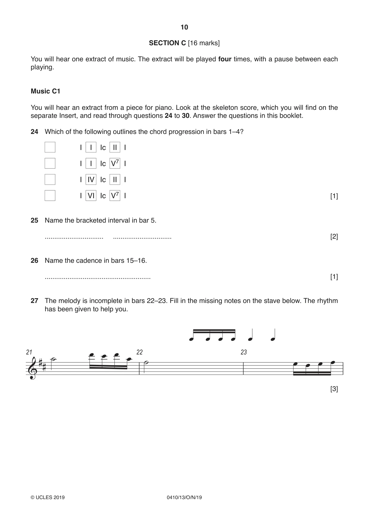 Cambridge IGCSE Music 0410 2019 Oct/Nov Paper 1 · Variant 3 question paper, page 10 of 16