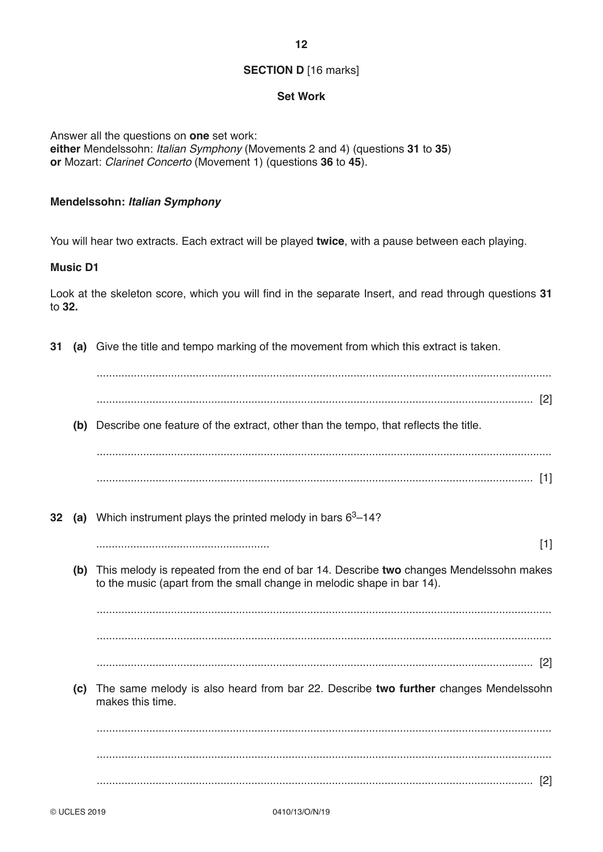 Cambridge IGCSE Music 0410 2019 Oct/Nov Paper 1 · Variant 3 question paper, page 12 of 16