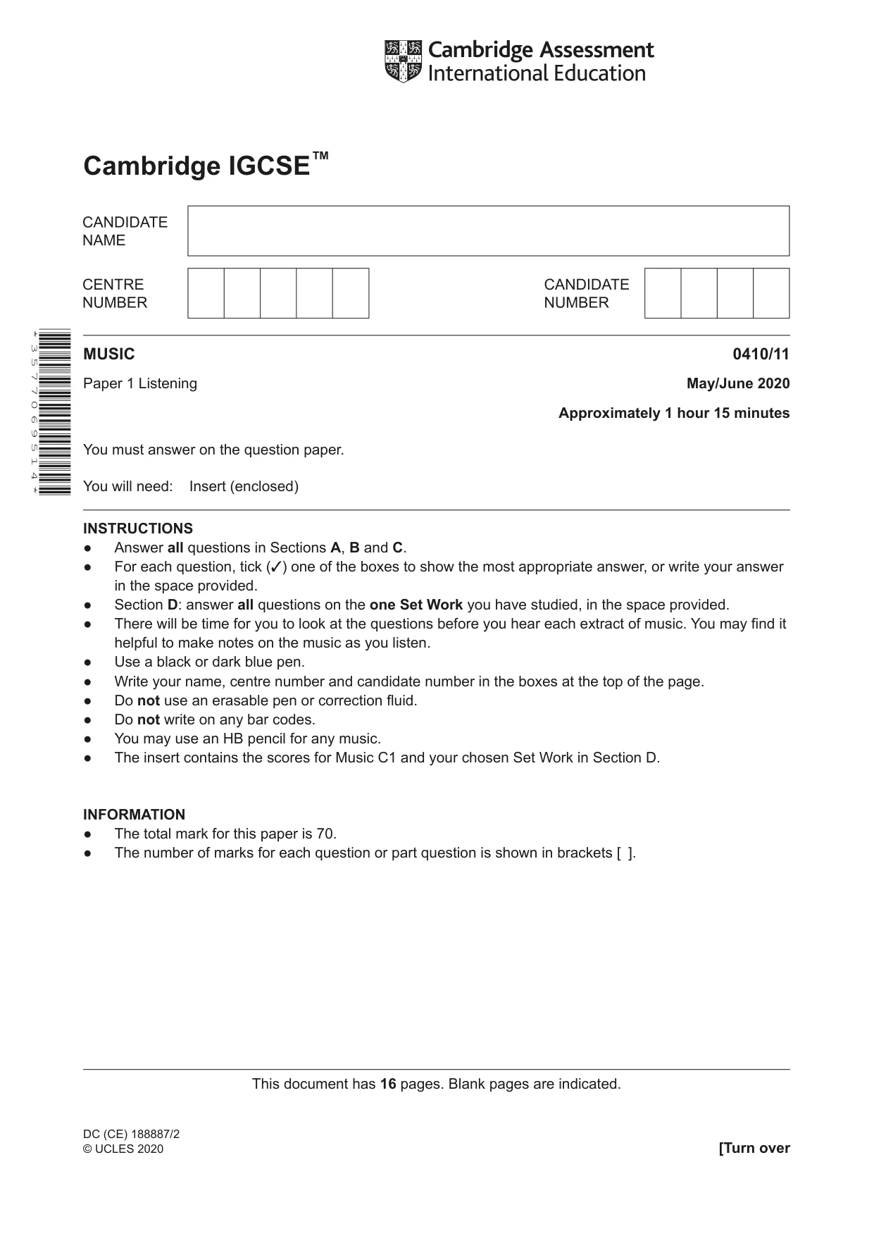 Cambridge IGCSE Music 0410 2020 May/June Paper 1 · Variant 1 question paper, page 1 of 16