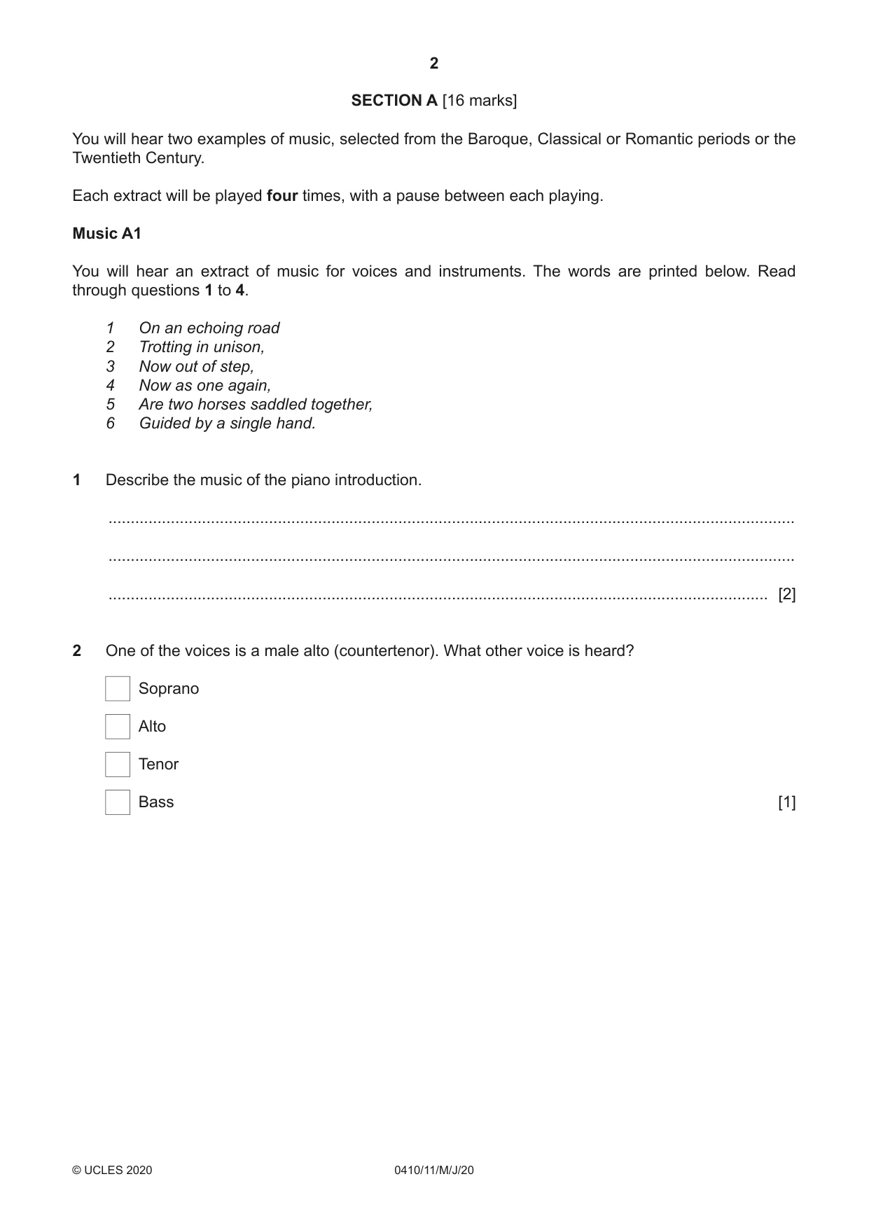 Cambridge IGCSE Music 0410 2020 May/June Paper 1 · Variant 1 question paper, page 2 of 16