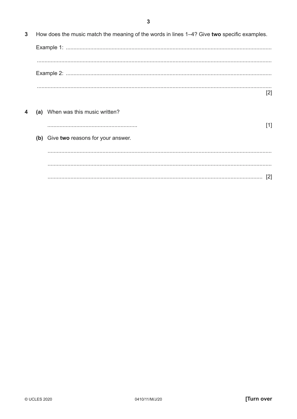 Cambridge IGCSE Music 0410 2020 May/June Paper 1 · Variant 1 question paper, page 3 of 16