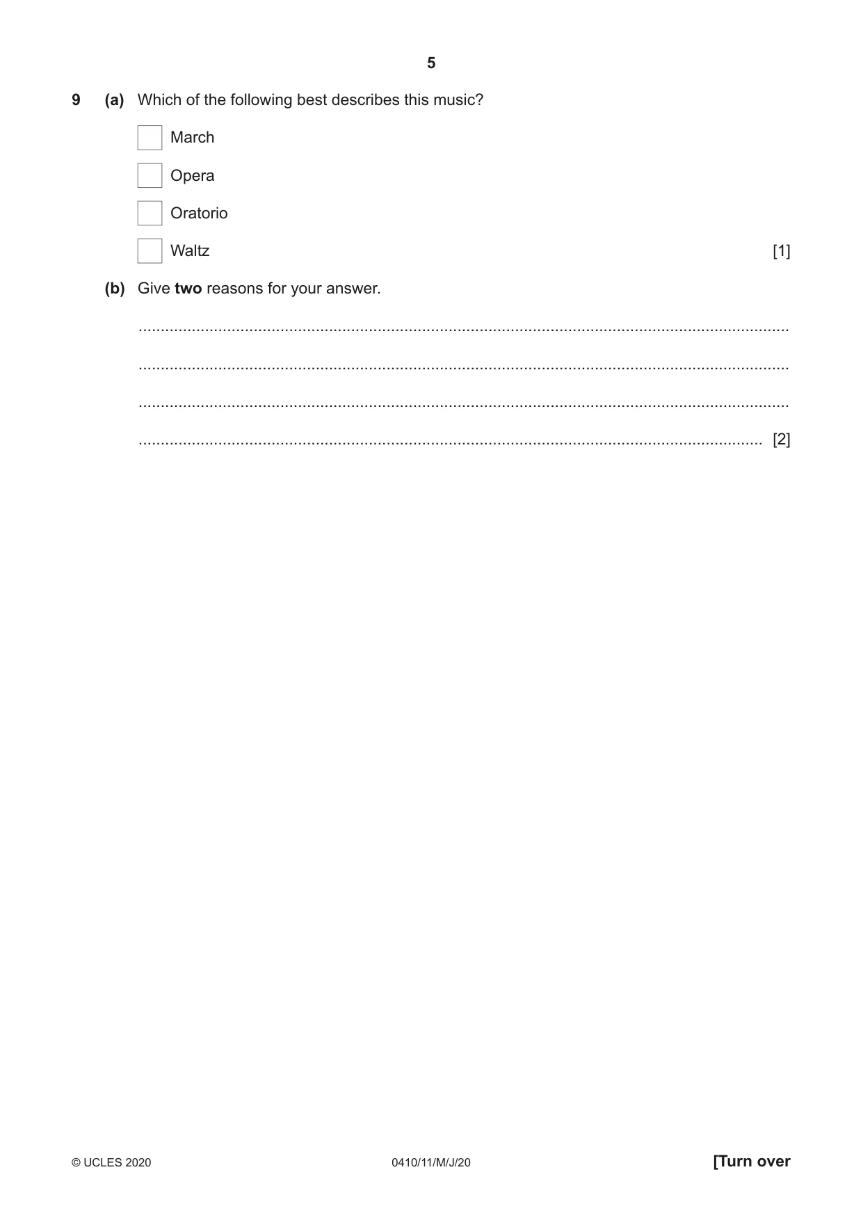 Cambridge IGCSE Music 0410 2020 May/June Paper 1 · Variant 1 question paper, page 5 of 16