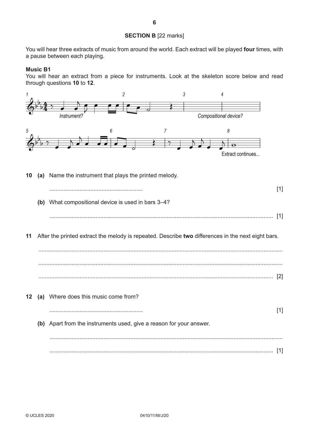 Cambridge IGCSE Music 0410 2020 May/June Paper 1 · Variant 1 question paper, page 6 of 16