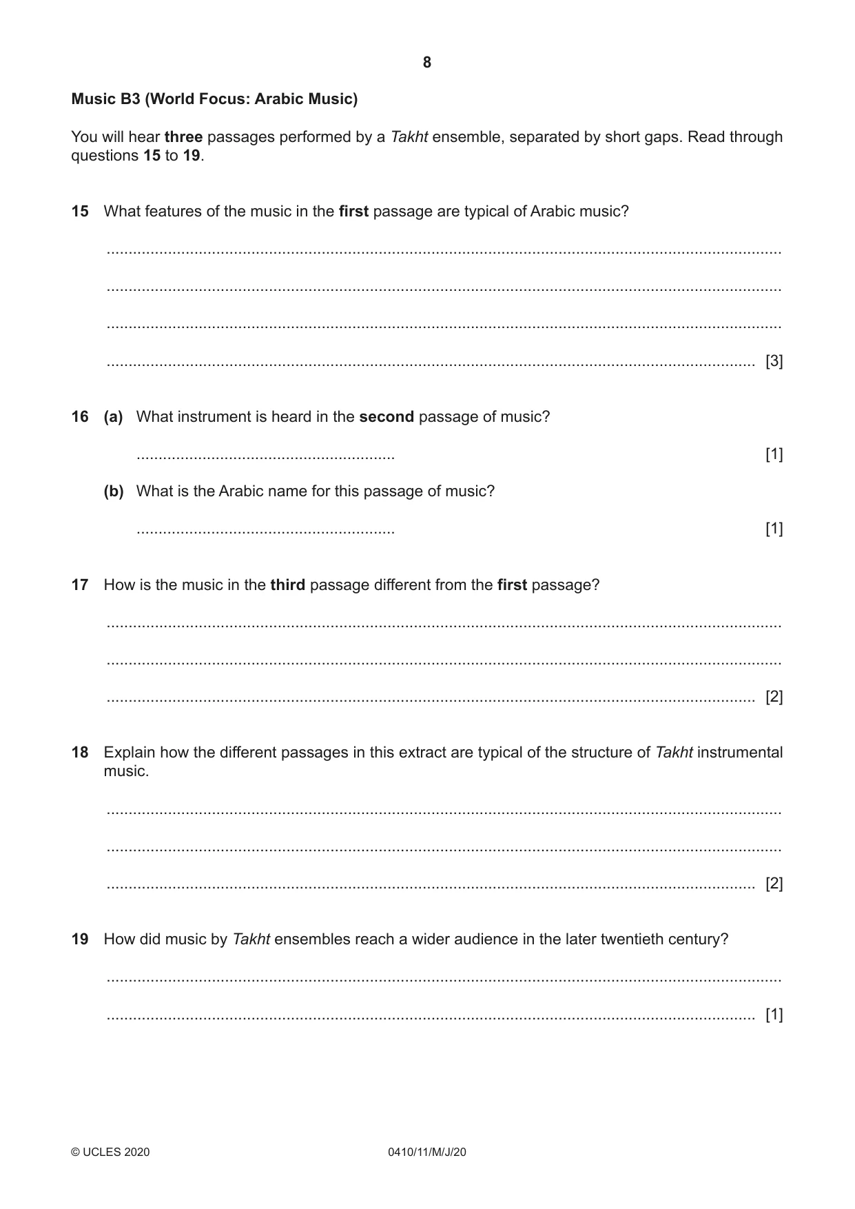 Cambridge IGCSE Music 0410 2020 May/June Paper 1 · Variant 1 question paper, page 8 of 16