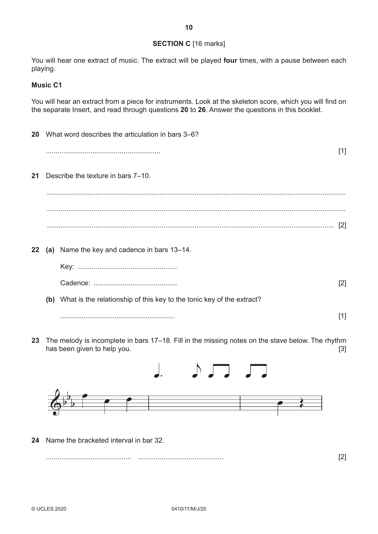 Cambridge IGCSE Music 0410 2020 May/June Paper 1 · Variant 1 question paper, page 10 of 16
