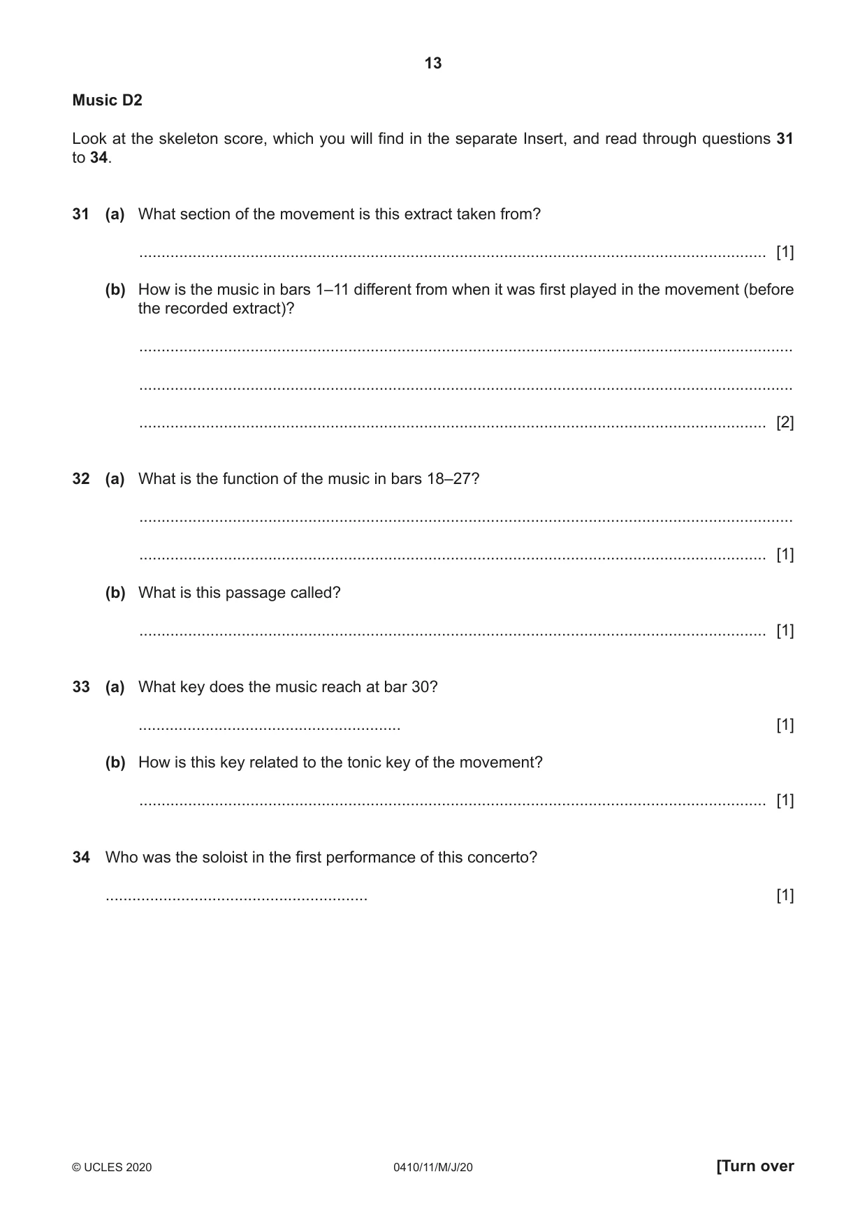 Cambridge IGCSE Music 0410 2020 May/June Paper 1 · Variant 1 question paper, page 13 of 16