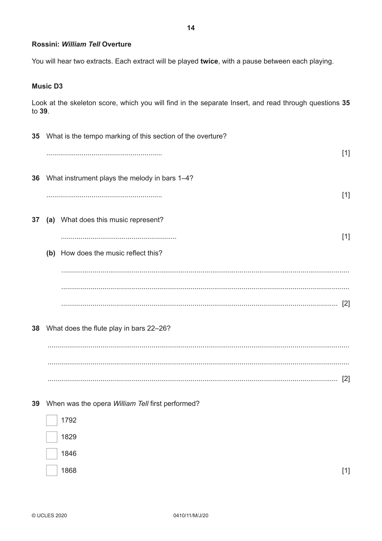 Cambridge IGCSE Music 0410 2020 May/June Paper 1 · Variant 1 question paper, page 14 of 16