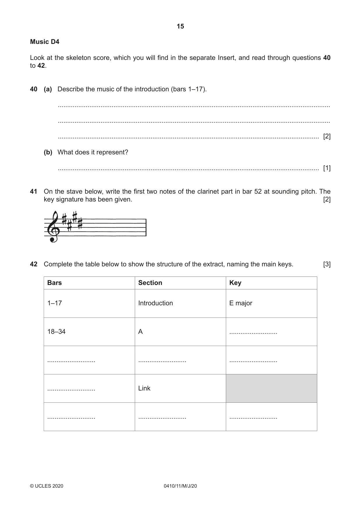 Cambridge IGCSE Music 0410 2020 May/June Paper 1 · Variant 1 question paper, page 15 of 16