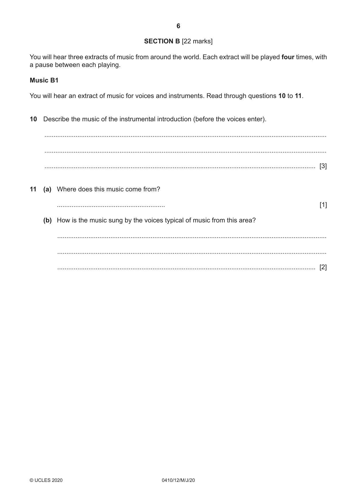 Cambridge IGCSE Music 0410 2020 May/June Paper 1 · Variant 2 question paper, page 6 of 16