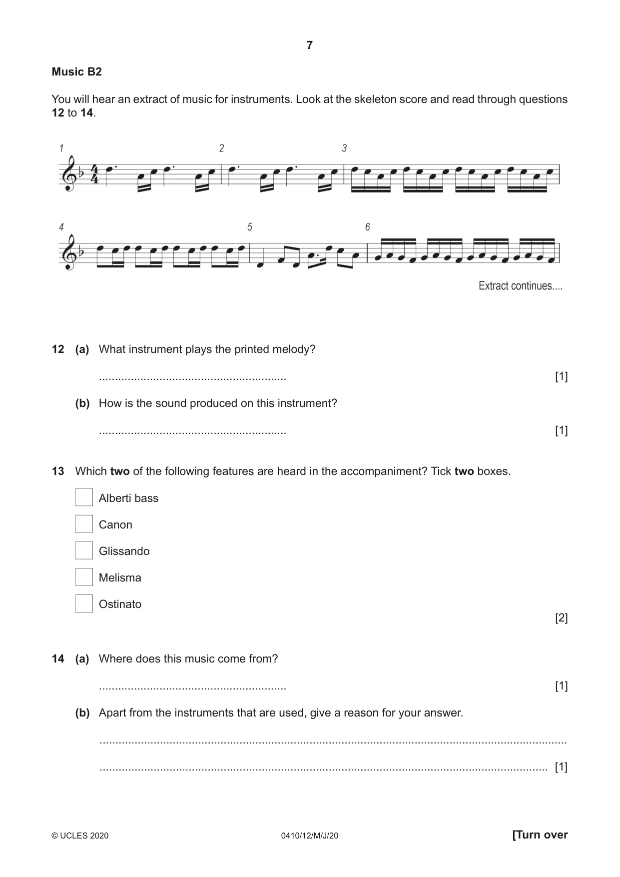 Cambridge IGCSE Music 0410 2020 May/June Paper 1 · Variant 2 question paper, page 7 of 16