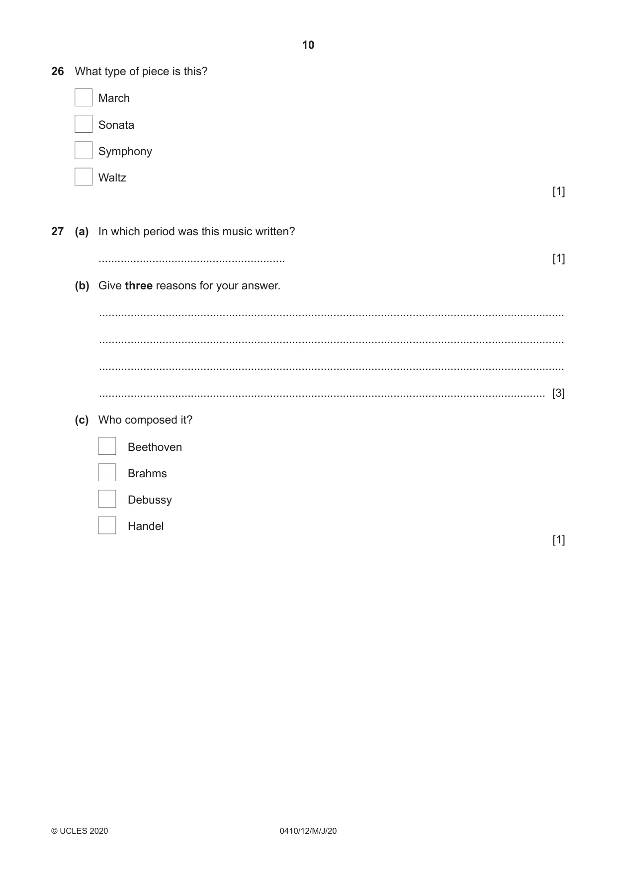 Cambridge IGCSE Music 0410 2020 May/June Paper 1 · Variant 2 question paper, page 10 of 16
