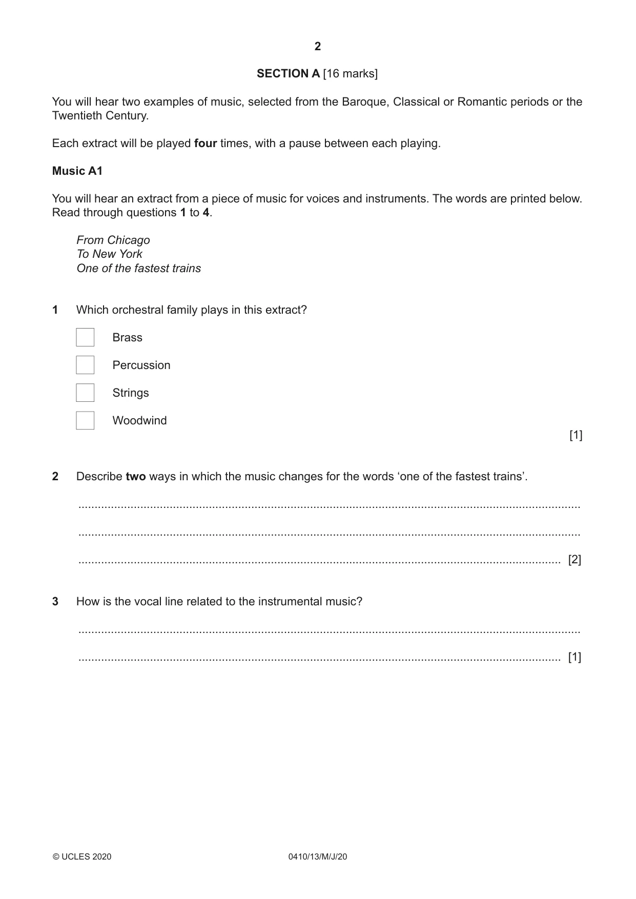 Cambridge IGCSE Music 0410 2020 May/June Paper 1 · Variant 3 question paper, page 2 of 16