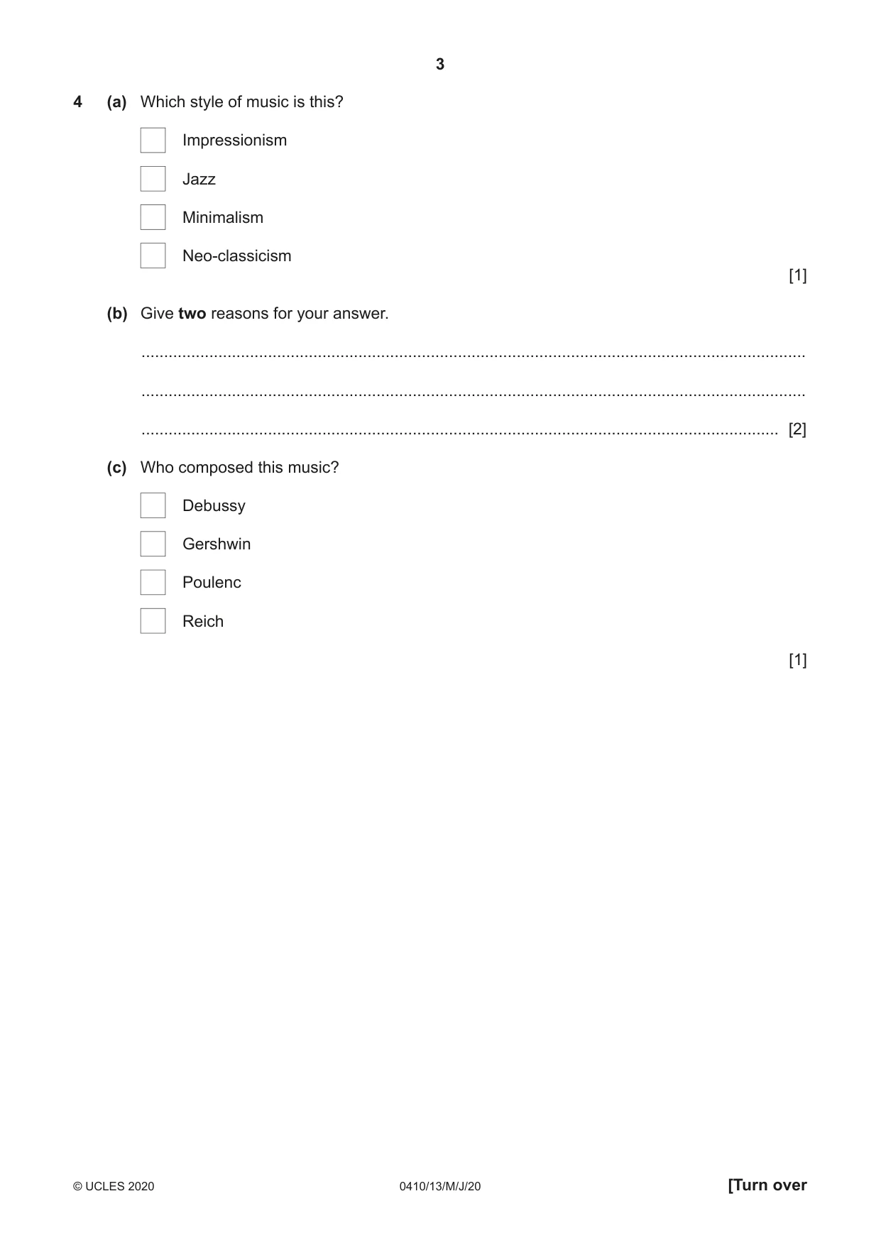 Cambridge IGCSE Music 0410 2020 May/June Paper 1 · Variant 3 question paper, page 3 of 16
