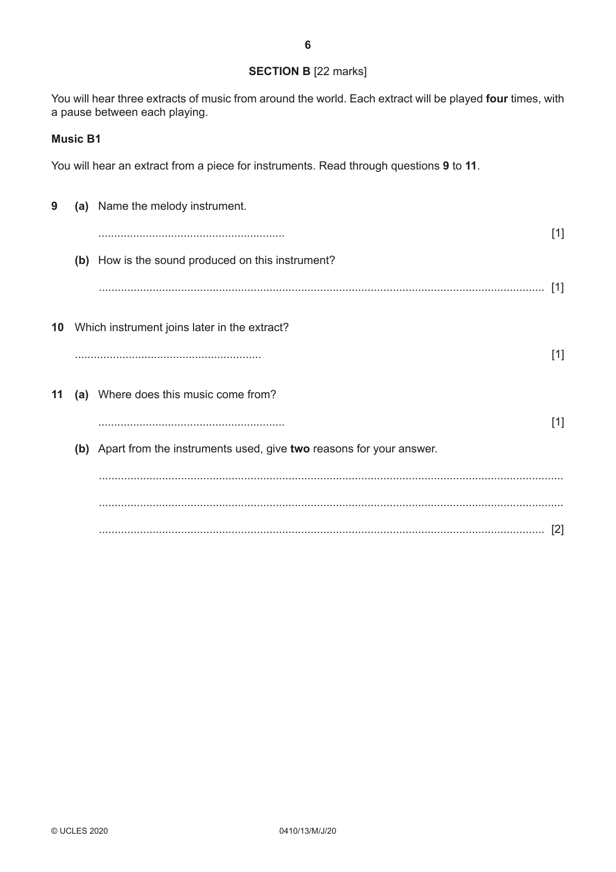 Cambridge IGCSE Music 0410 2020 May/June Paper 1 · Variant 3 question paper, page 6 of 16