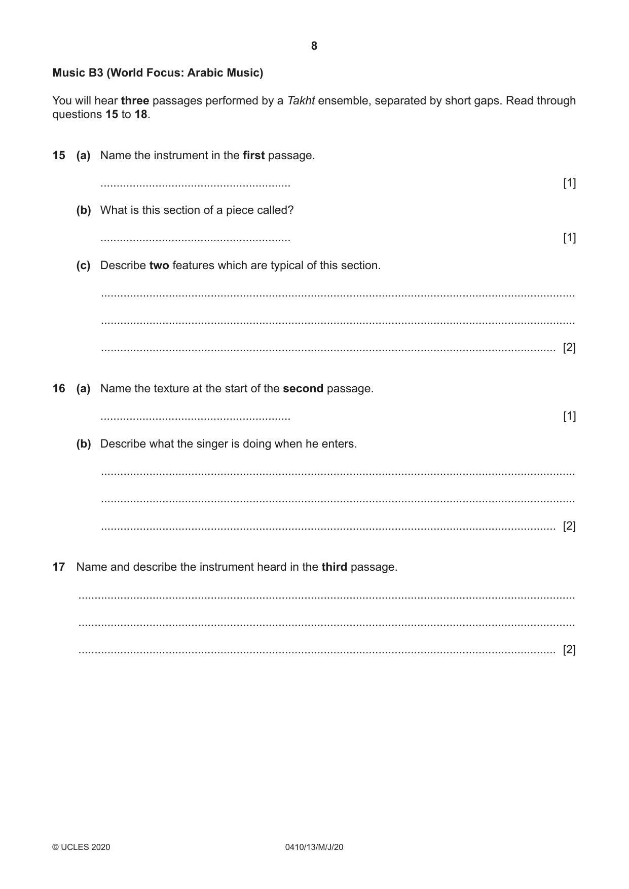 Cambridge IGCSE Music 0410 2020 May/June Paper 1 · Variant 3 question paper, page 8 of 16