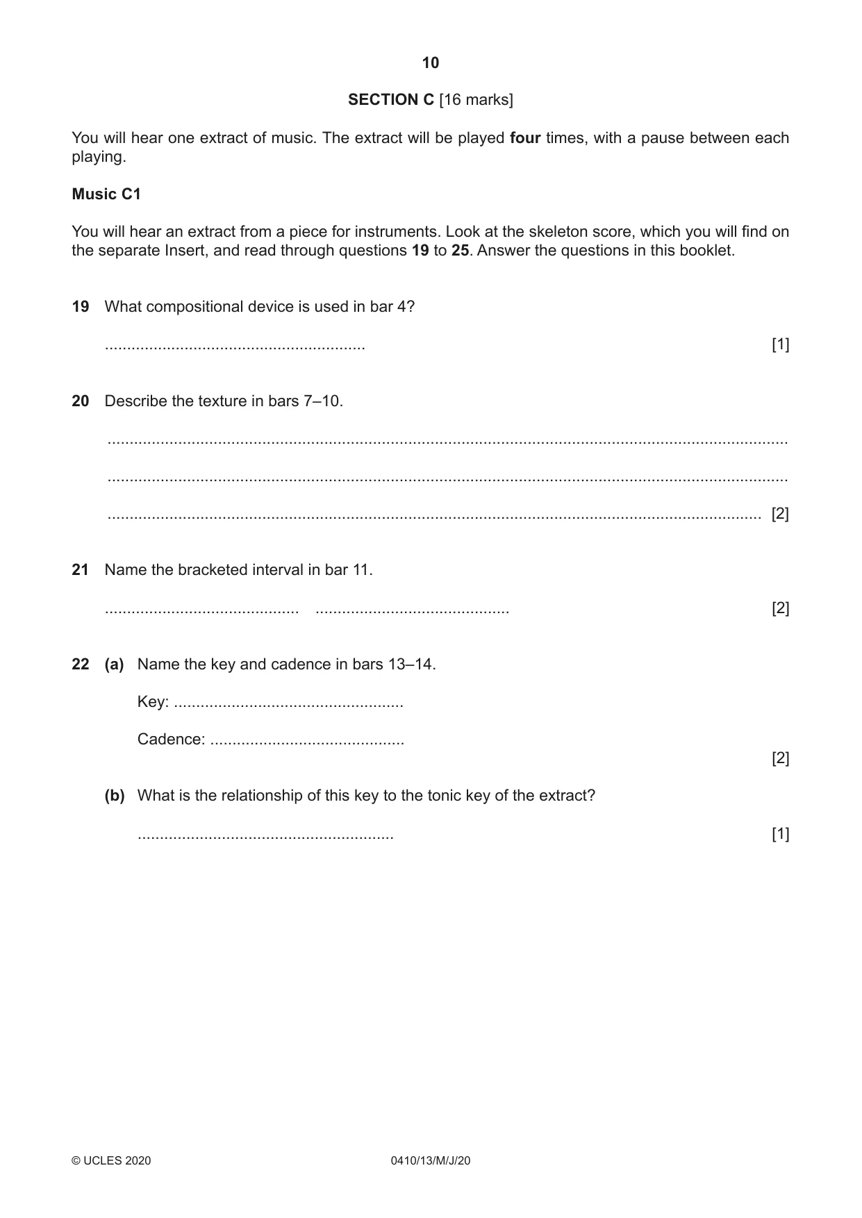Cambridge IGCSE Music 0410 2020 May/June Paper 1 · Variant 3 question paper, page 10 of 16