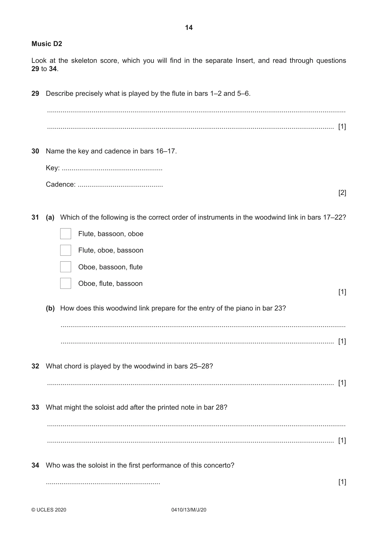 Cambridge IGCSE Music 0410 2020 May/June Paper 1 · Variant 3 question paper, page 14 of 16