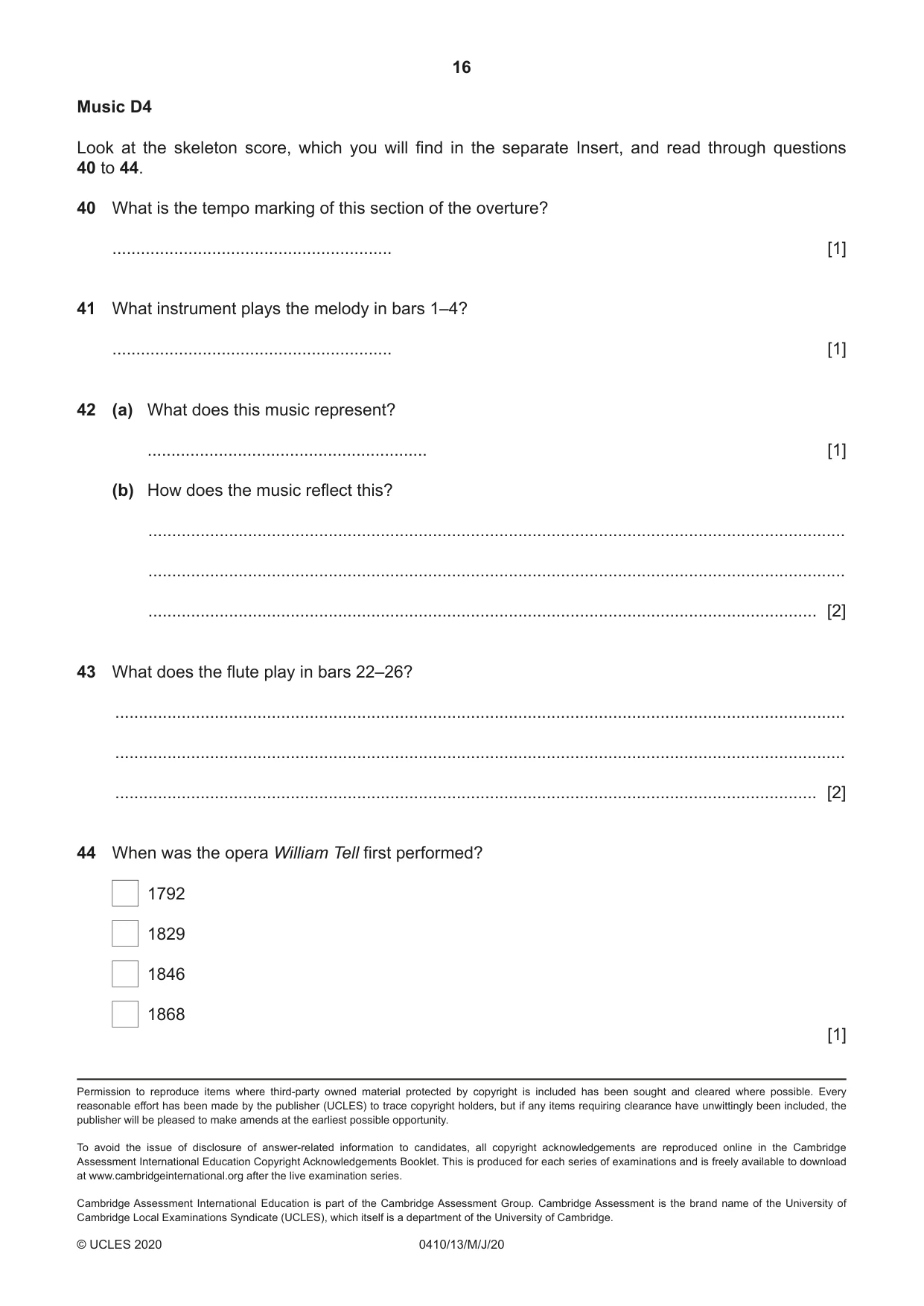 Cambridge IGCSE Music 0410 2020 May/June Paper 1 · Variant 3 question paper, page 16 of 16
