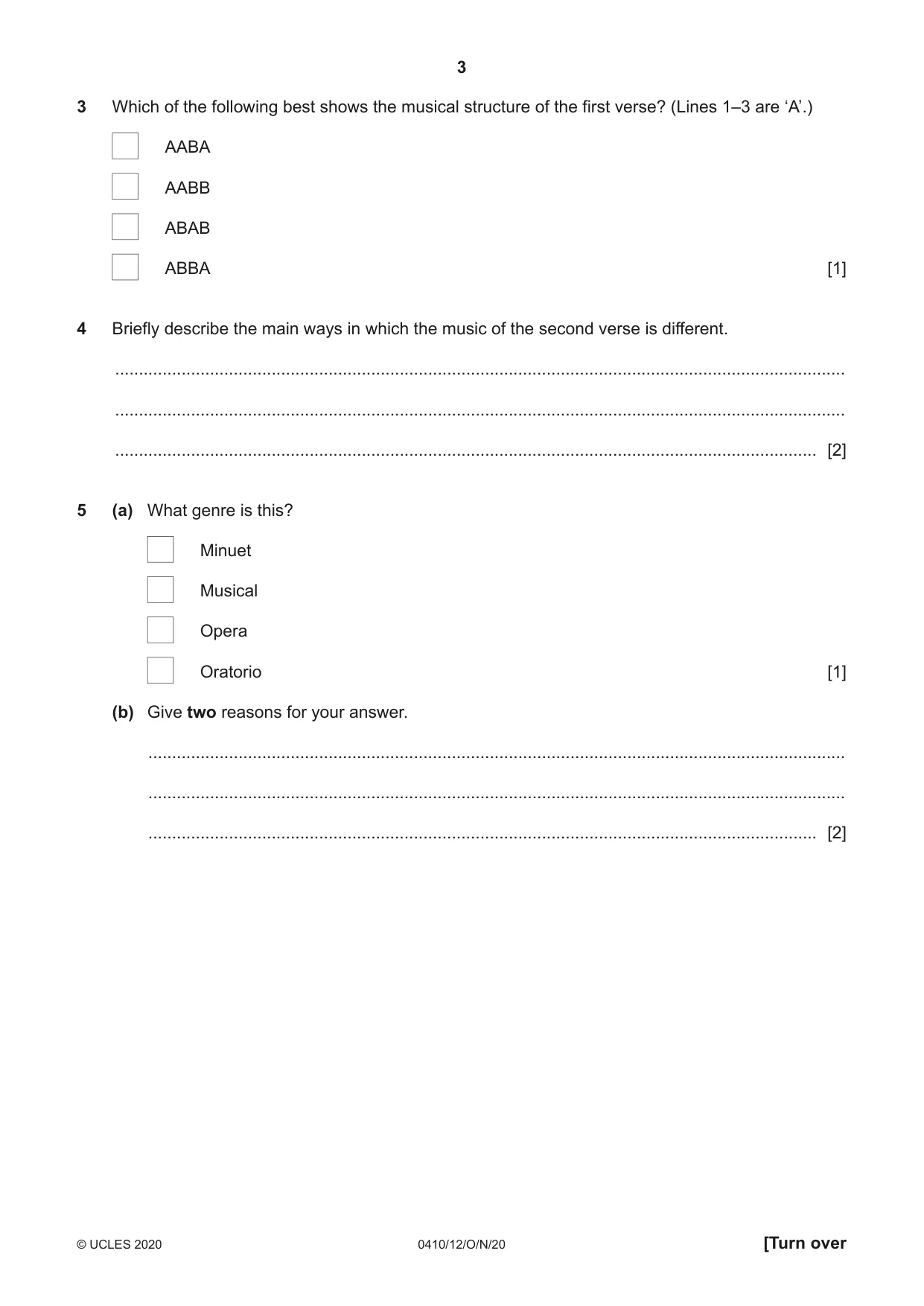 Cambridge IGCSE Music 0410 2020 Oct/Nov Paper 1 · Variant 2 question paper, page 3 of 16