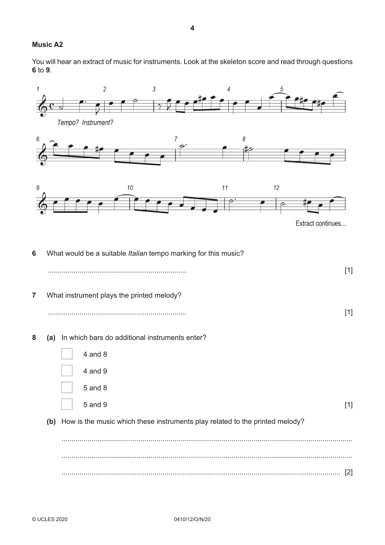 Cambridge IGCSE Music 0410 2020 Oct/Nov Paper 1 · Variant 2 question paper, page 4 of 16