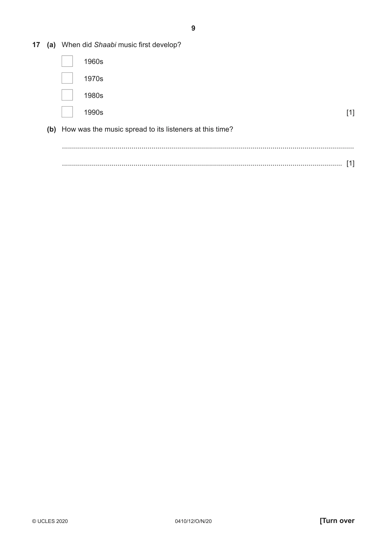 Cambridge IGCSE Music 0410 2020 Oct/Nov Paper 1 · Variant 2 question paper, page 9 of 16