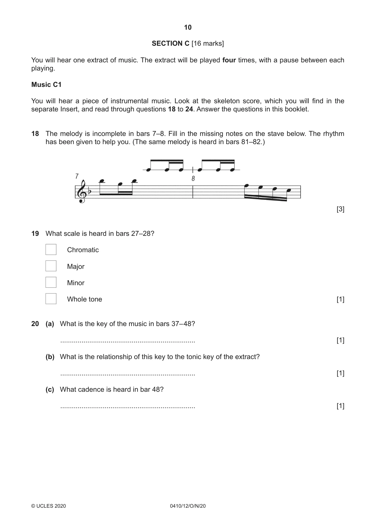 Cambridge IGCSE Music 0410 2020 Oct/Nov Paper 1 · Variant 2 question paper, page 10 of 16
