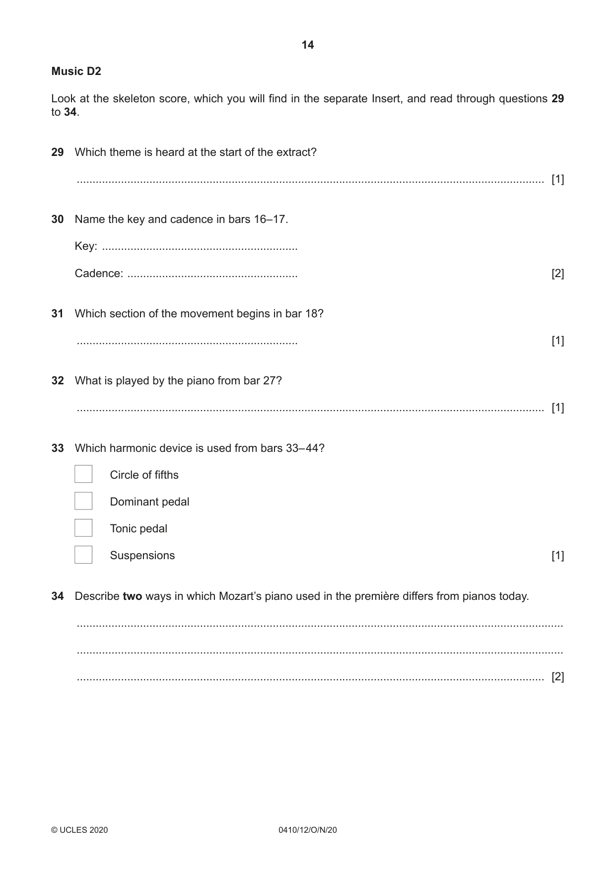Cambridge IGCSE Music 0410 2020 Oct/Nov Paper 1 · Variant 2 question paper, page 14 of 16