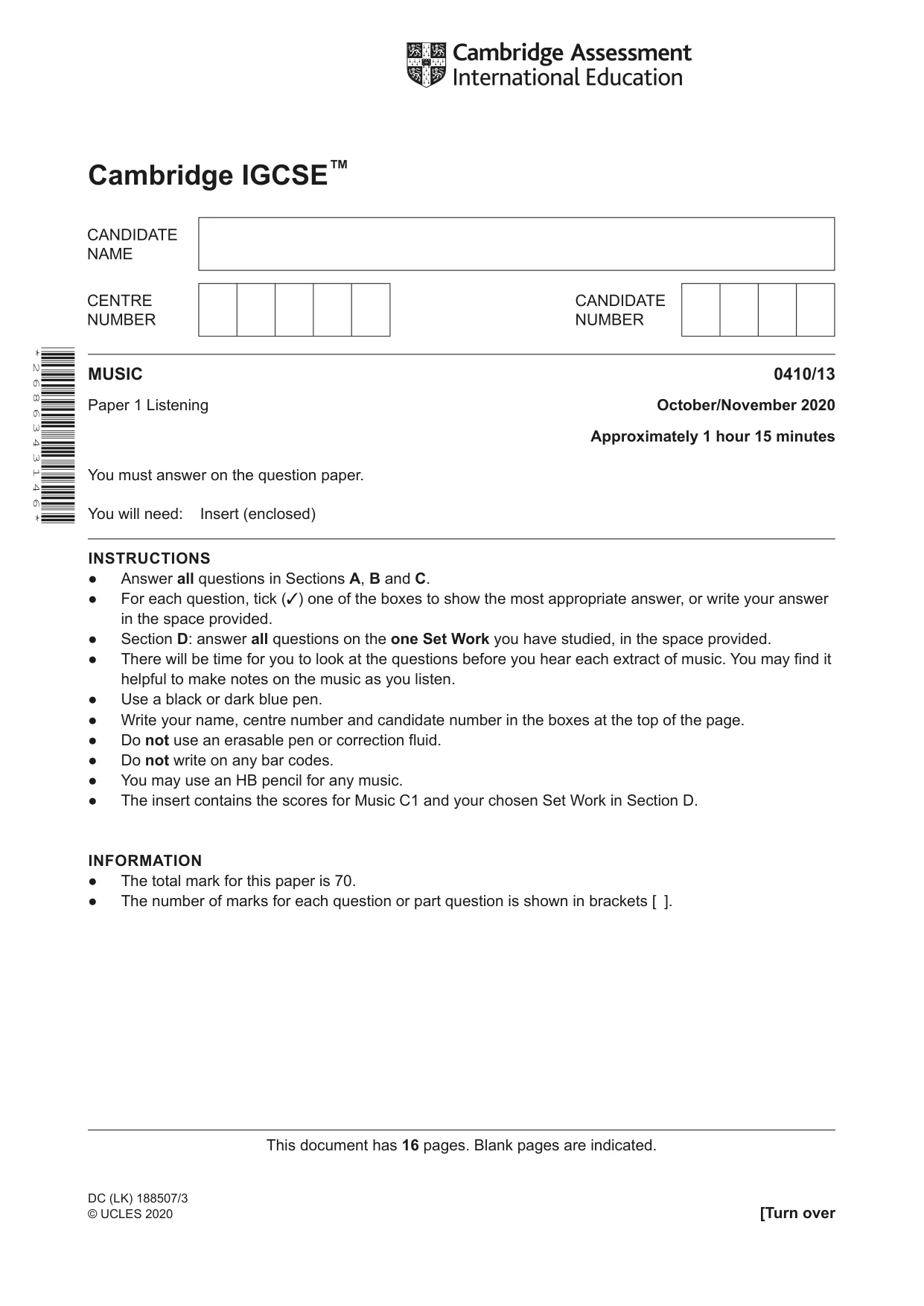 Cambridge IGCSE Music 0410 2020 Oct/Nov Paper 1 · Variant 3 question paper, page 1 of 16