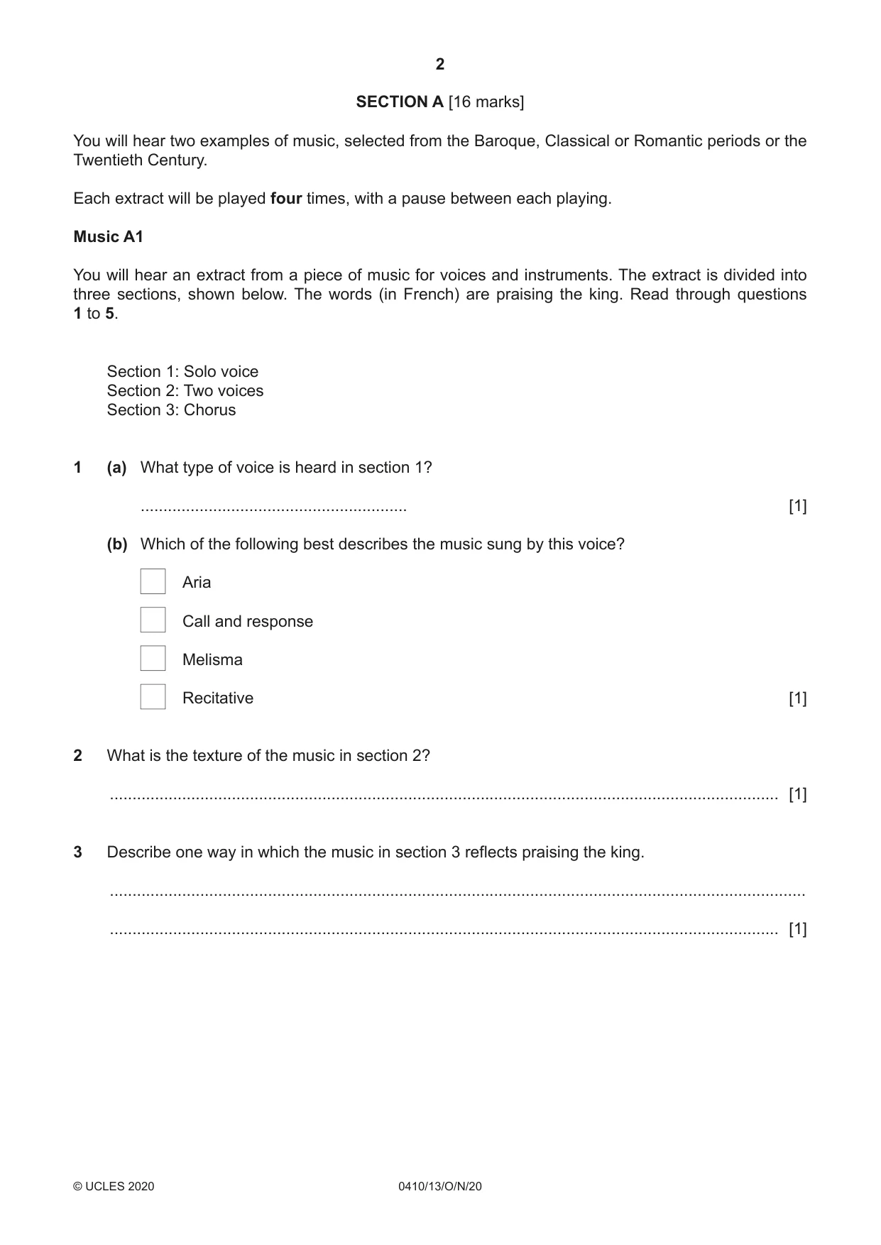 Cambridge IGCSE Music 0410 2020 Oct/Nov Paper 1 · Variant 3 question paper, page 2 of 16