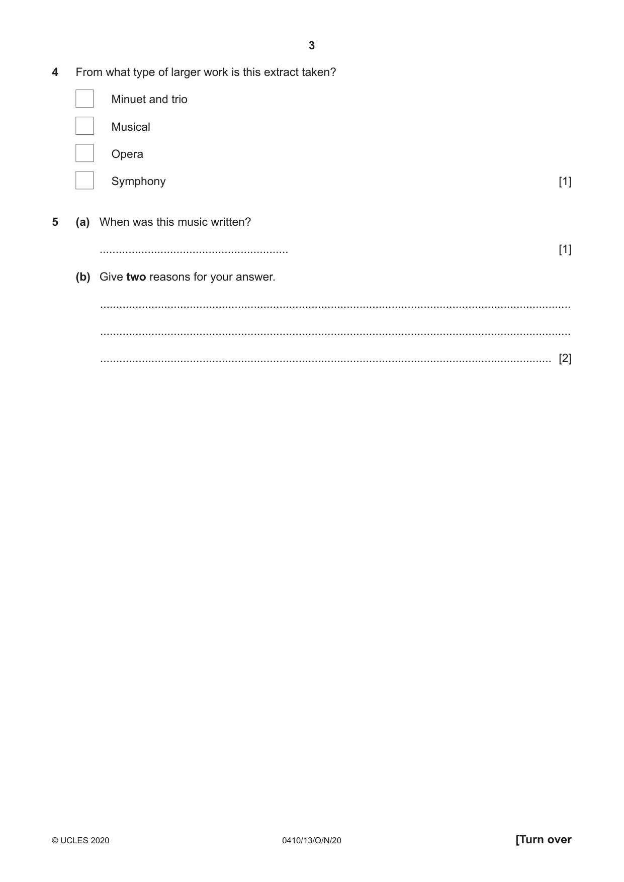 Cambridge IGCSE Music 0410 2020 Oct/Nov Paper 1 · Variant 3 question paper, page 3 of 16
