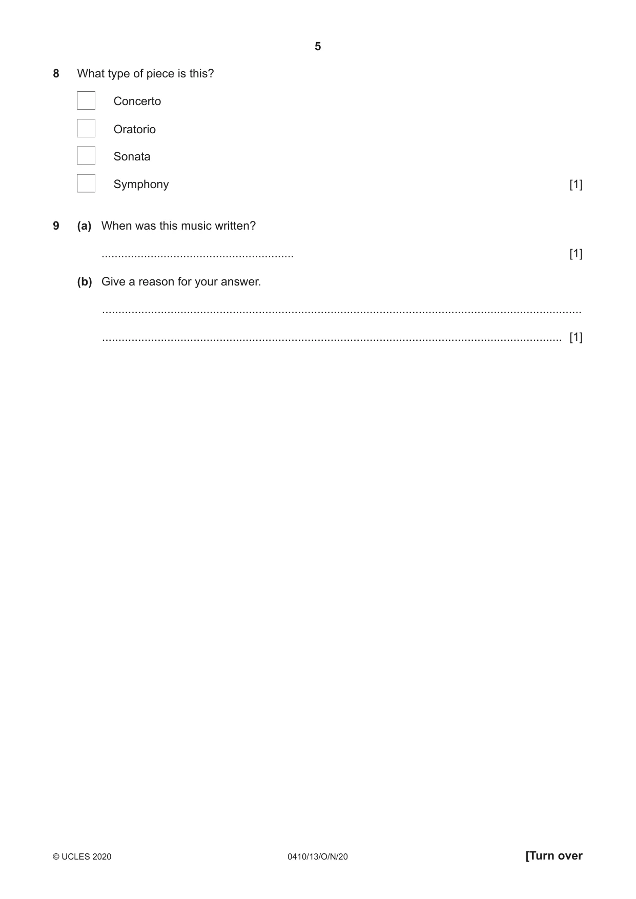 Cambridge IGCSE Music 0410 2020 Oct/Nov Paper 1 · Variant 3 question paper, page 5 of 16