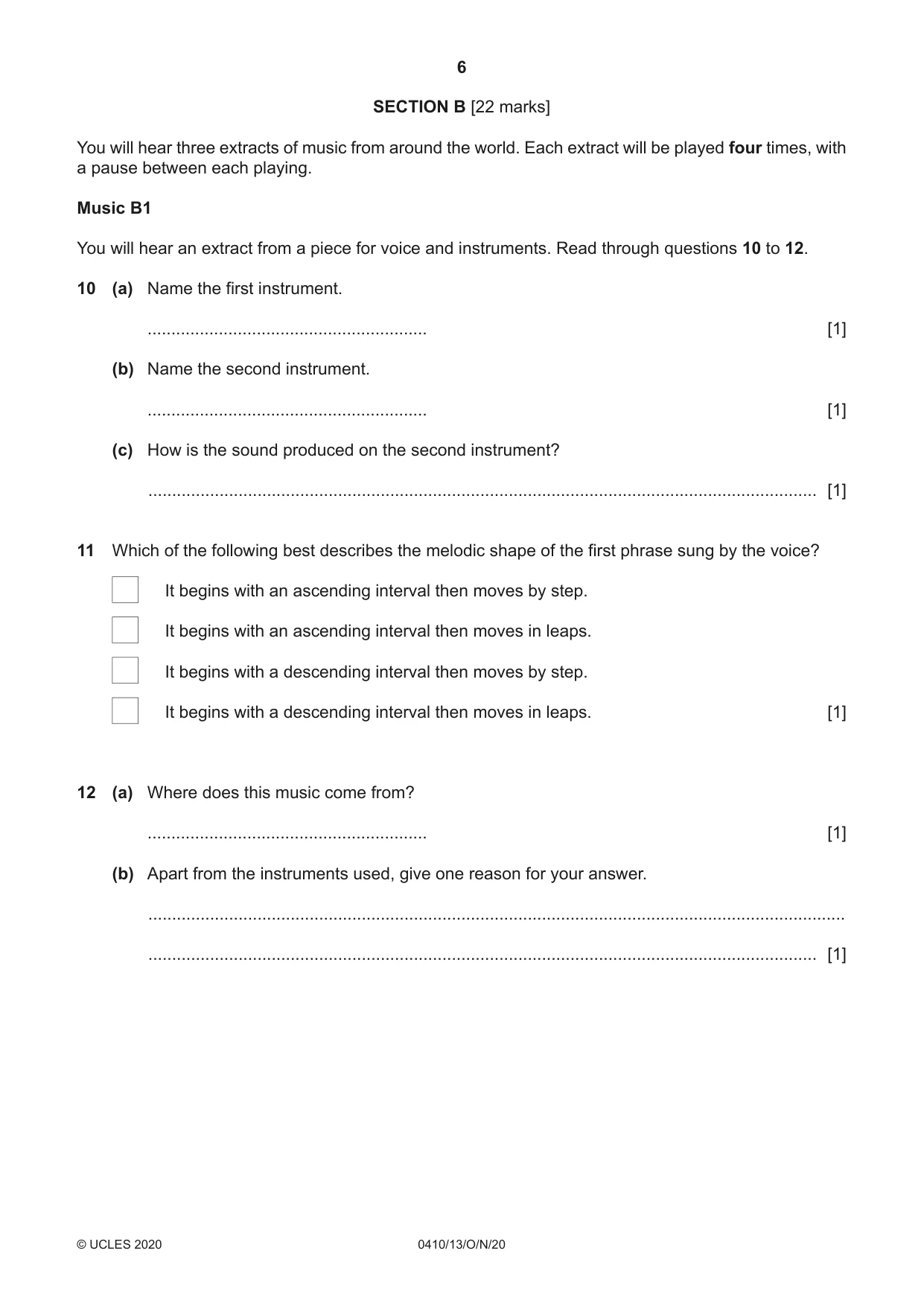 Cambridge IGCSE Music 0410 2020 Oct/Nov Paper 1 · Variant 3 question paper, page 6 of 16