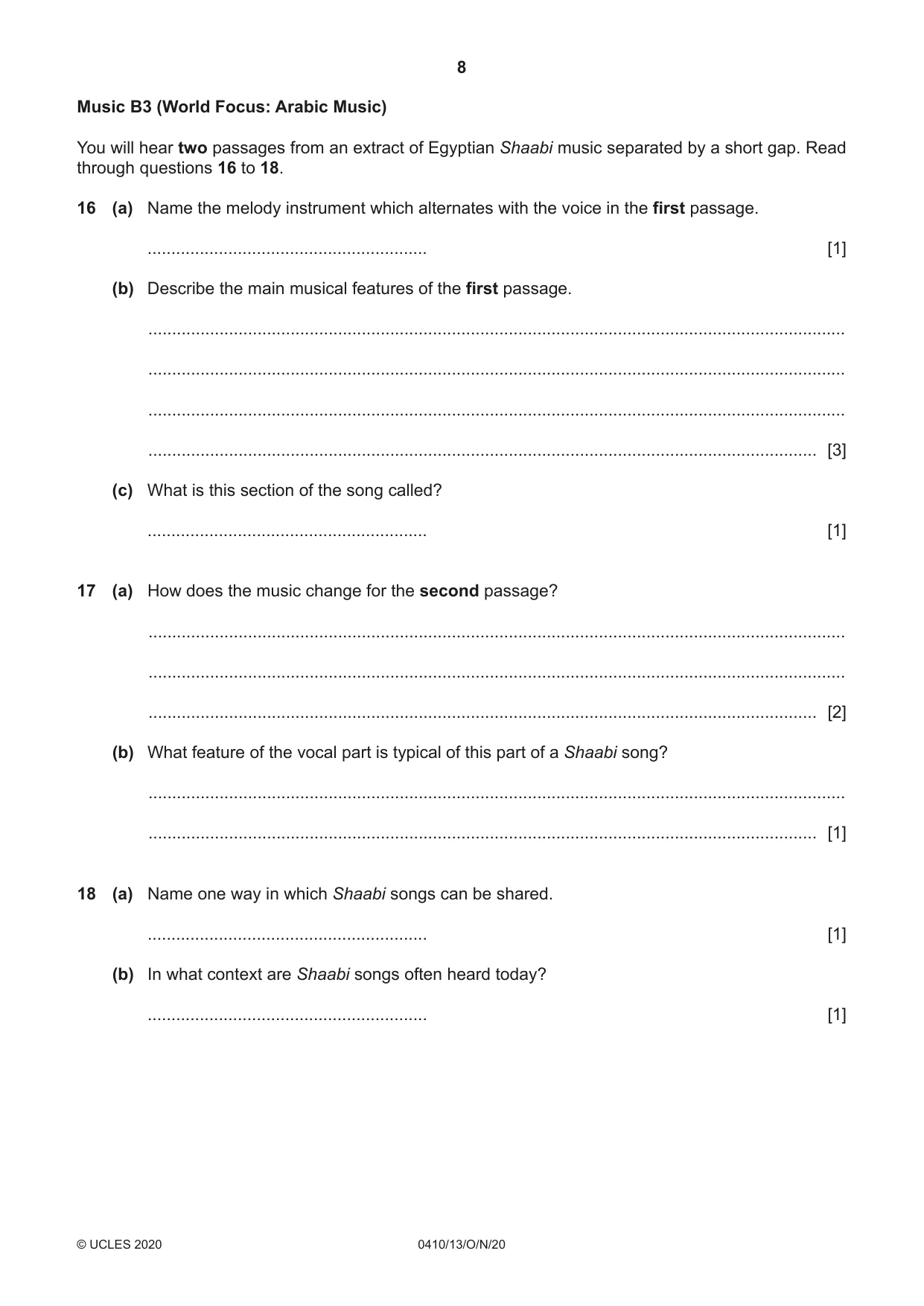 Cambridge IGCSE Music 0410 2020 Oct/Nov Paper 1 · Variant 3 question paper, page 8 of 16