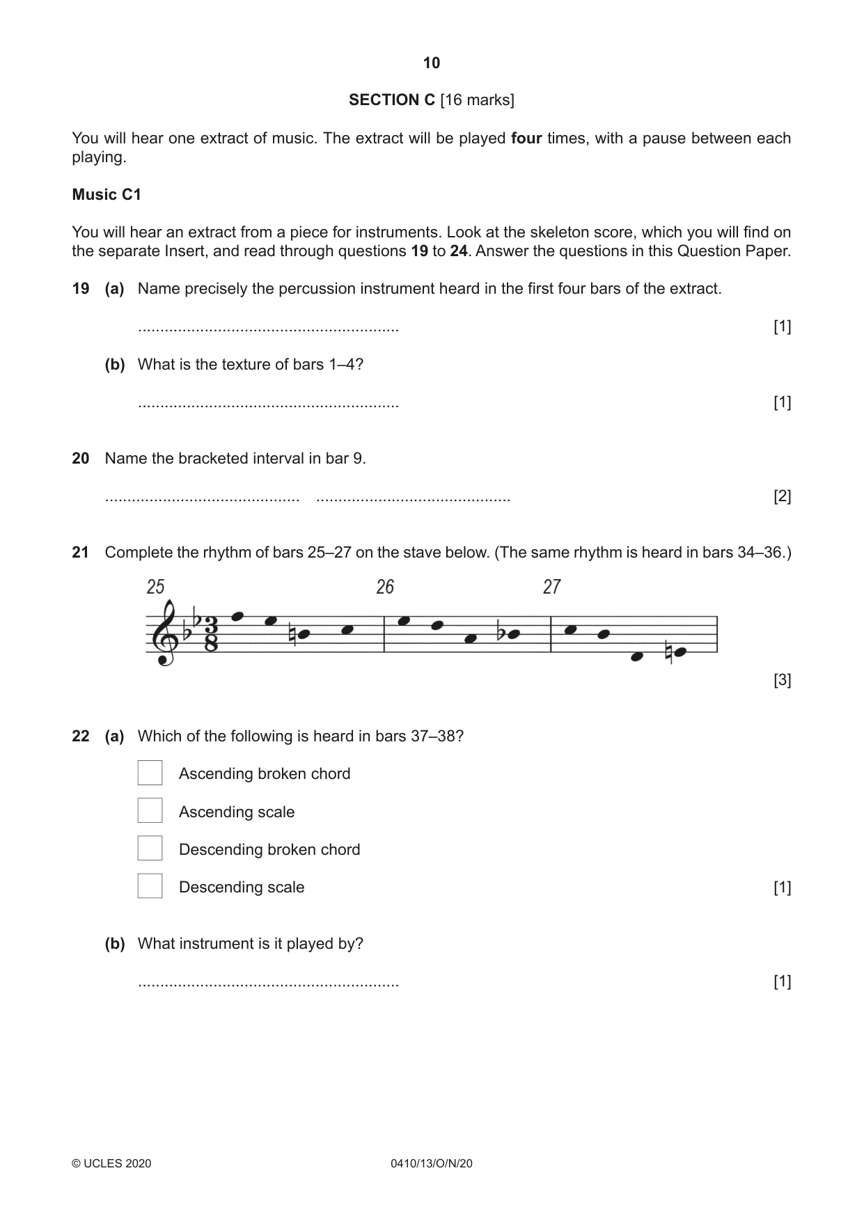 Cambridge IGCSE Music 0410 2020 Oct/Nov Paper 1 · Variant 3 question paper, page 10 of 16