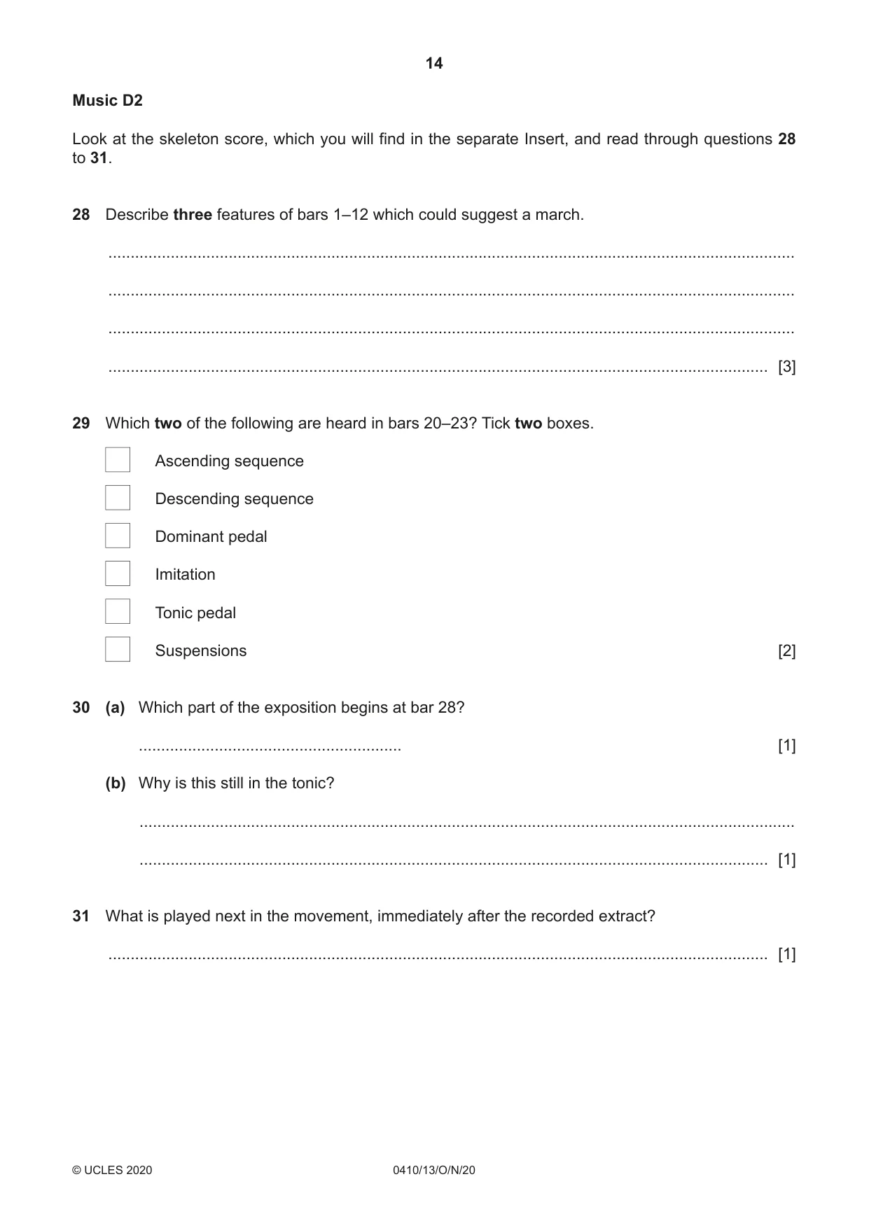 Cambridge IGCSE Music 0410 2020 Oct/Nov Paper 1 · Variant 3 question paper, page 14 of 16