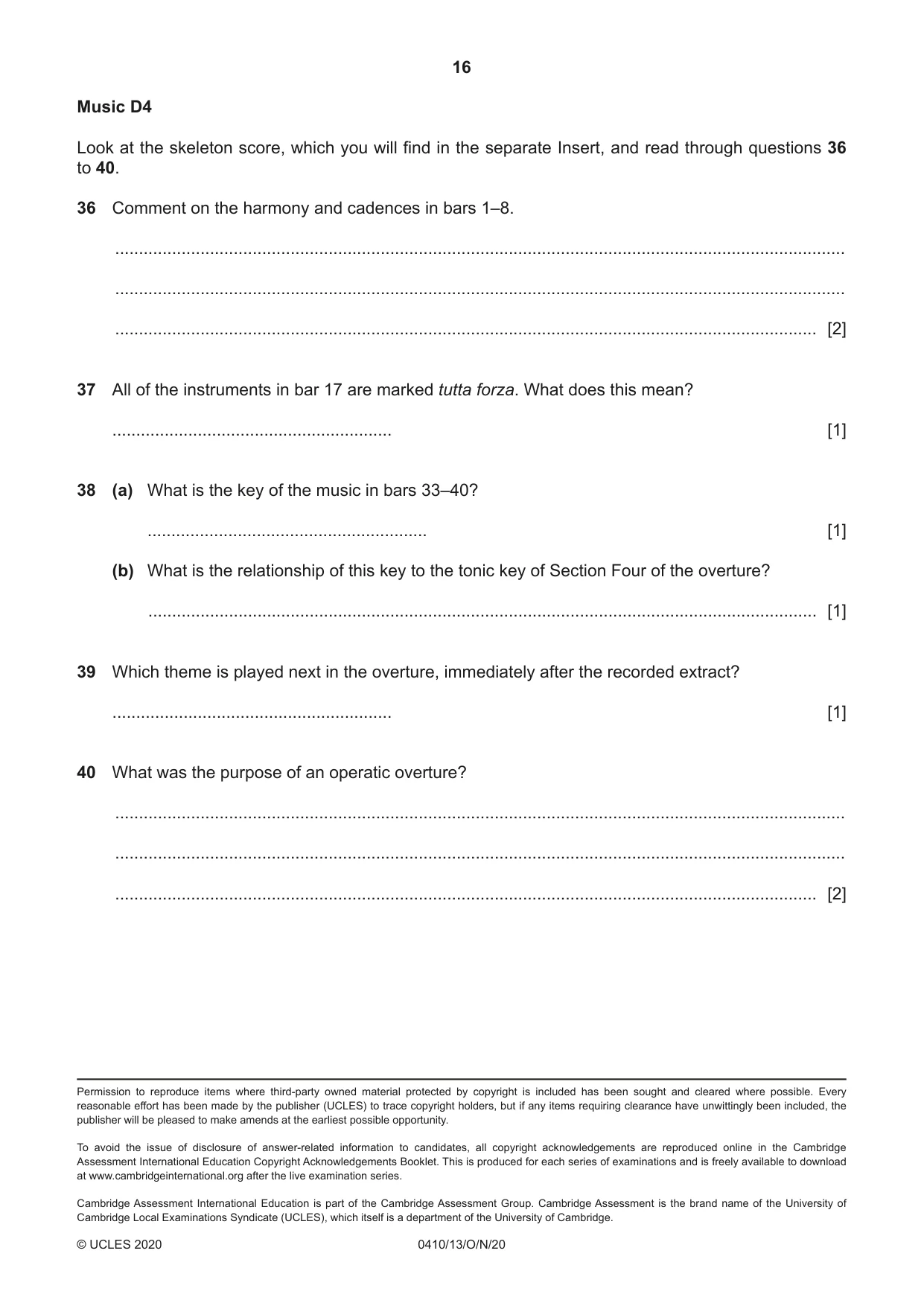 Cambridge IGCSE Music 0410 2020 Oct/Nov Paper 1 · Variant 3 question paper, page 16 of 16