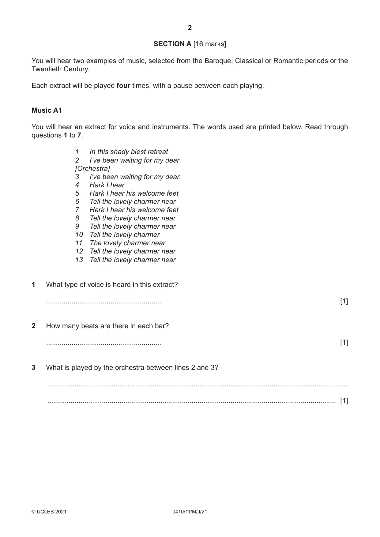 Cambridge IGCSE Music 0410 2021 May/June Paper 1 · Variant 1 question paper, page 2 of 16