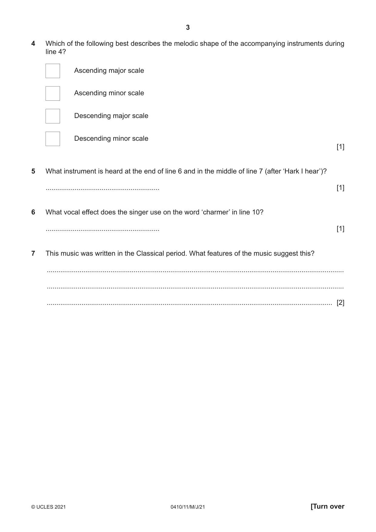 Cambridge IGCSE Music 0410 2021 May/June Paper 1 · Variant 1 question paper, page 3 of 16
