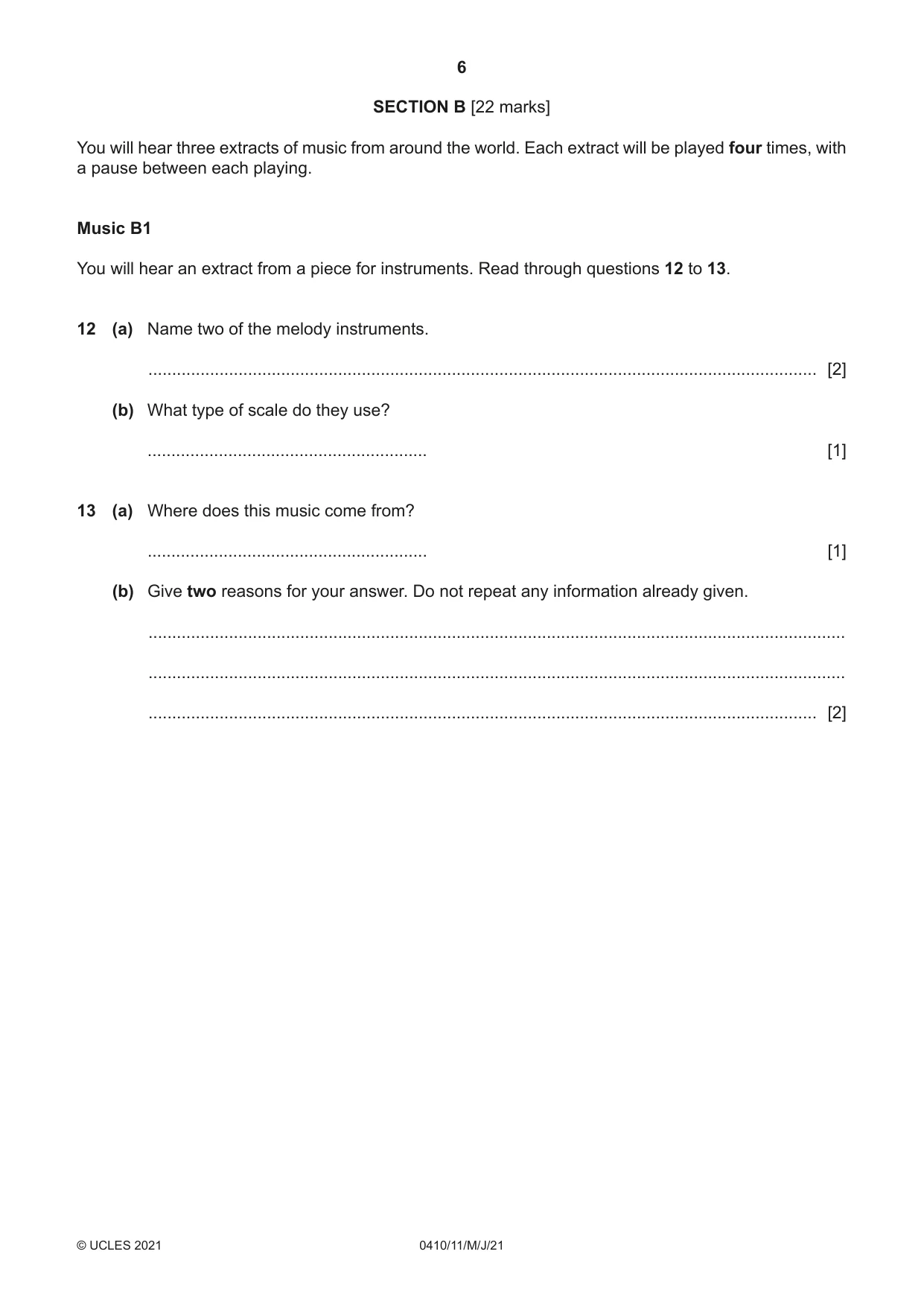 Cambridge IGCSE Music 0410 2021 May/June Paper 1 · Variant 1 question paper, page 6 of 16