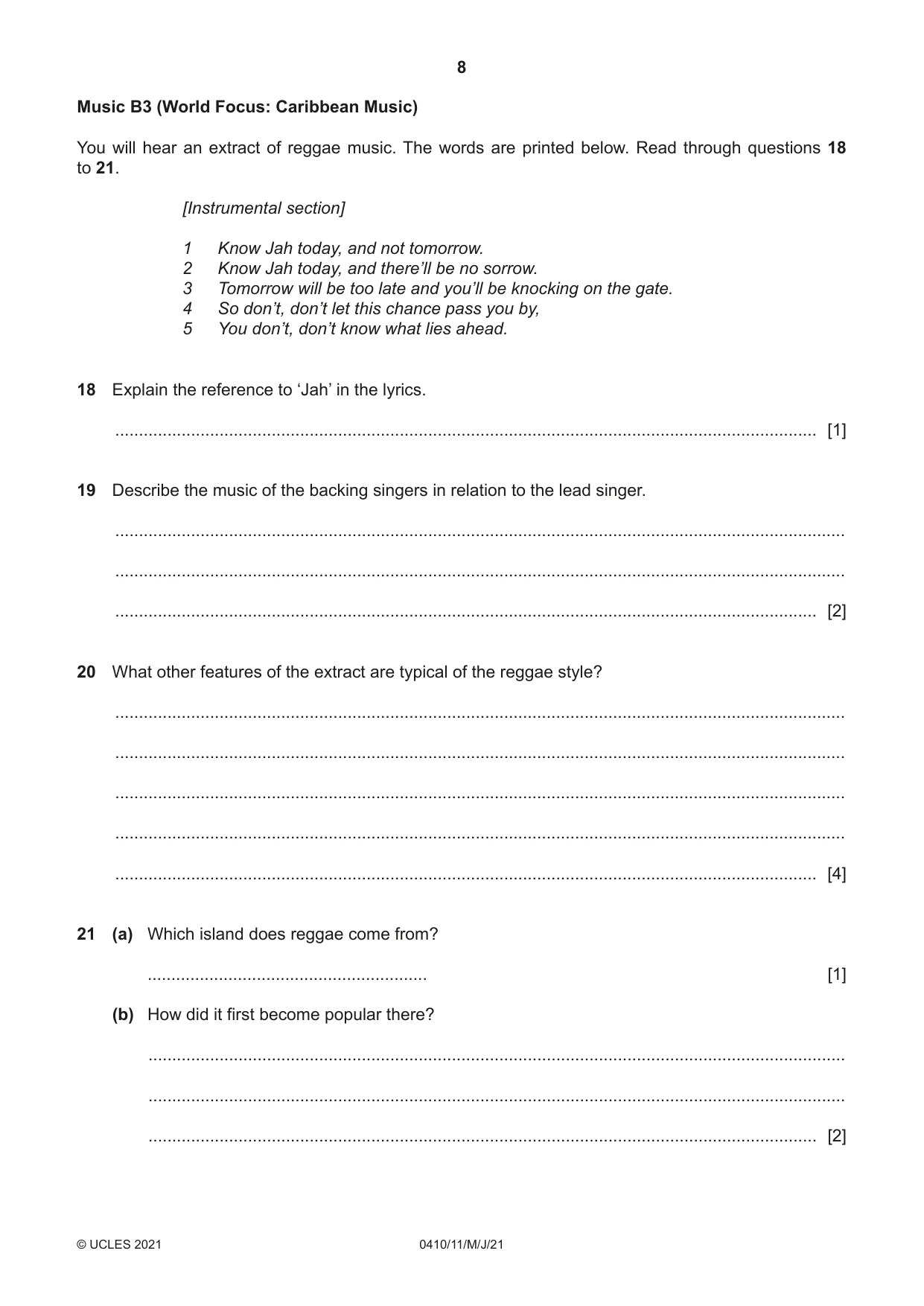 Cambridge IGCSE Music 0410 2021 May/June Paper 1 · Variant 1 question paper, page 8 of 16