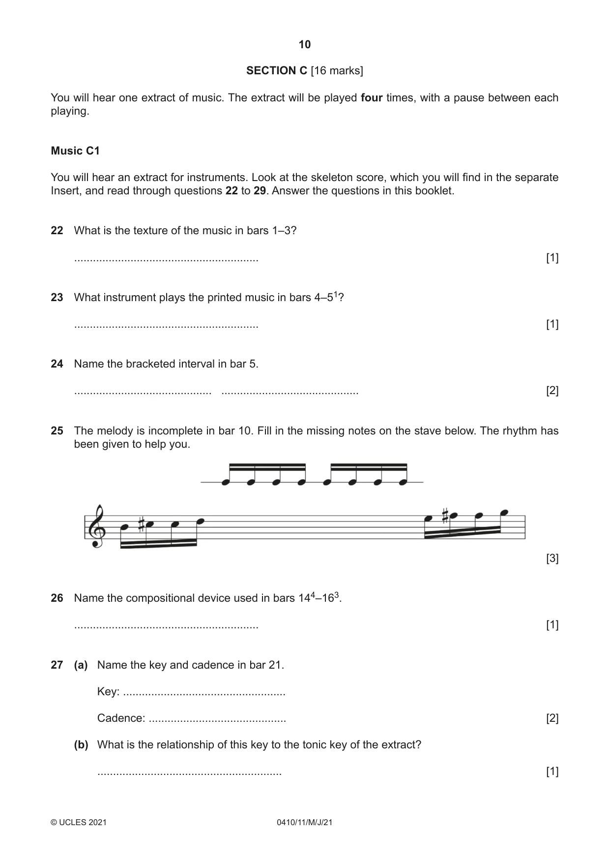 Cambridge IGCSE Music 0410 2021 May/June Paper 1 · Variant 1 question paper, page 10 of 16