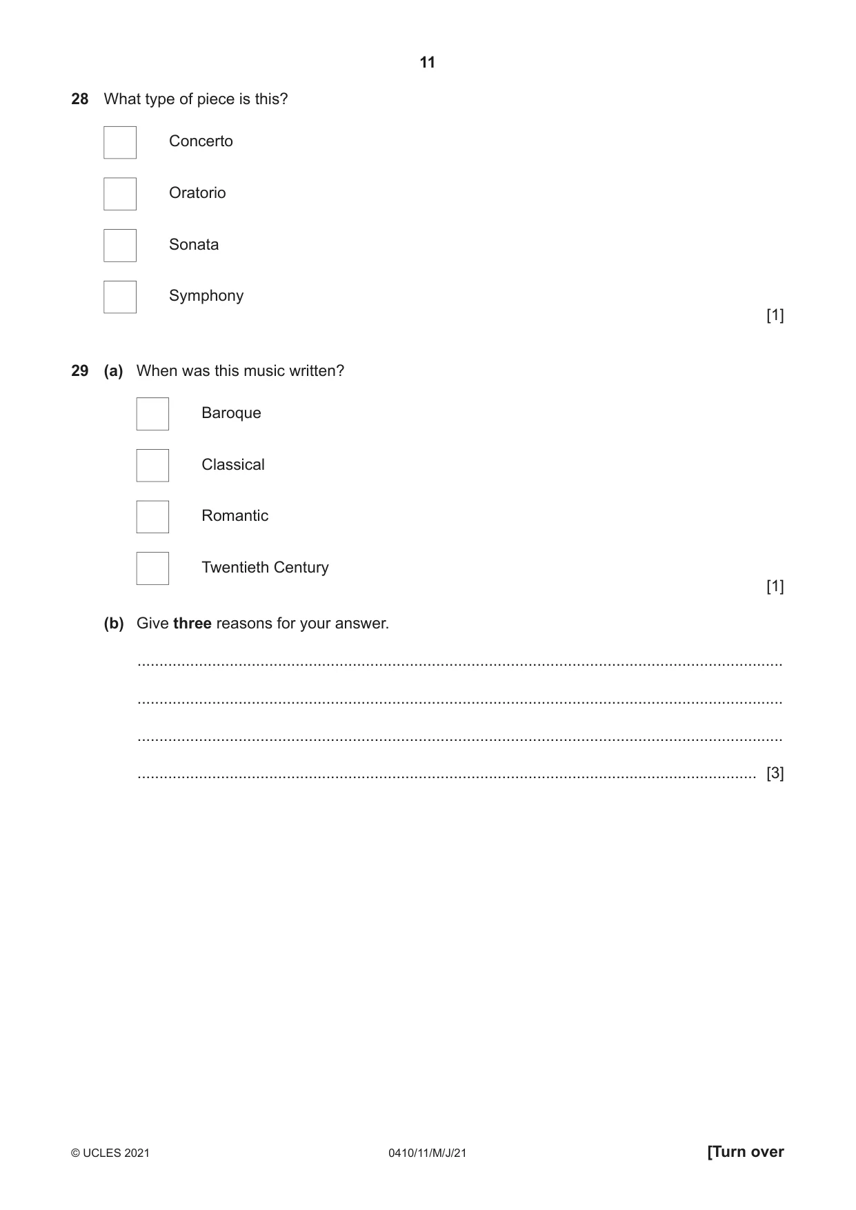 Cambridge IGCSE Music 0410 2021 May/June Paper 1 · Variant 1 question paper, page 11 of 16