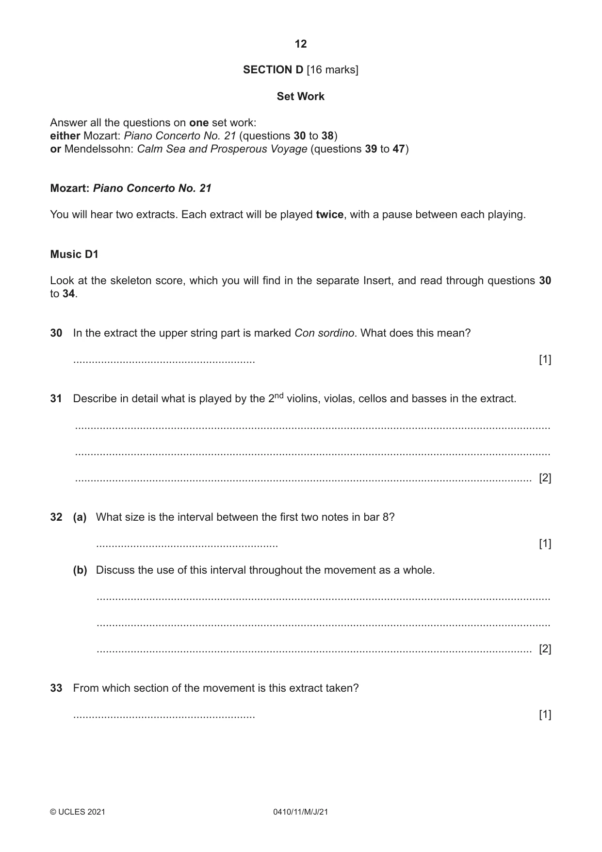 Cambridge IGCSE Music 0410 2021 May/June Paper 1 · Variant 1 question paper, page 12 of 16